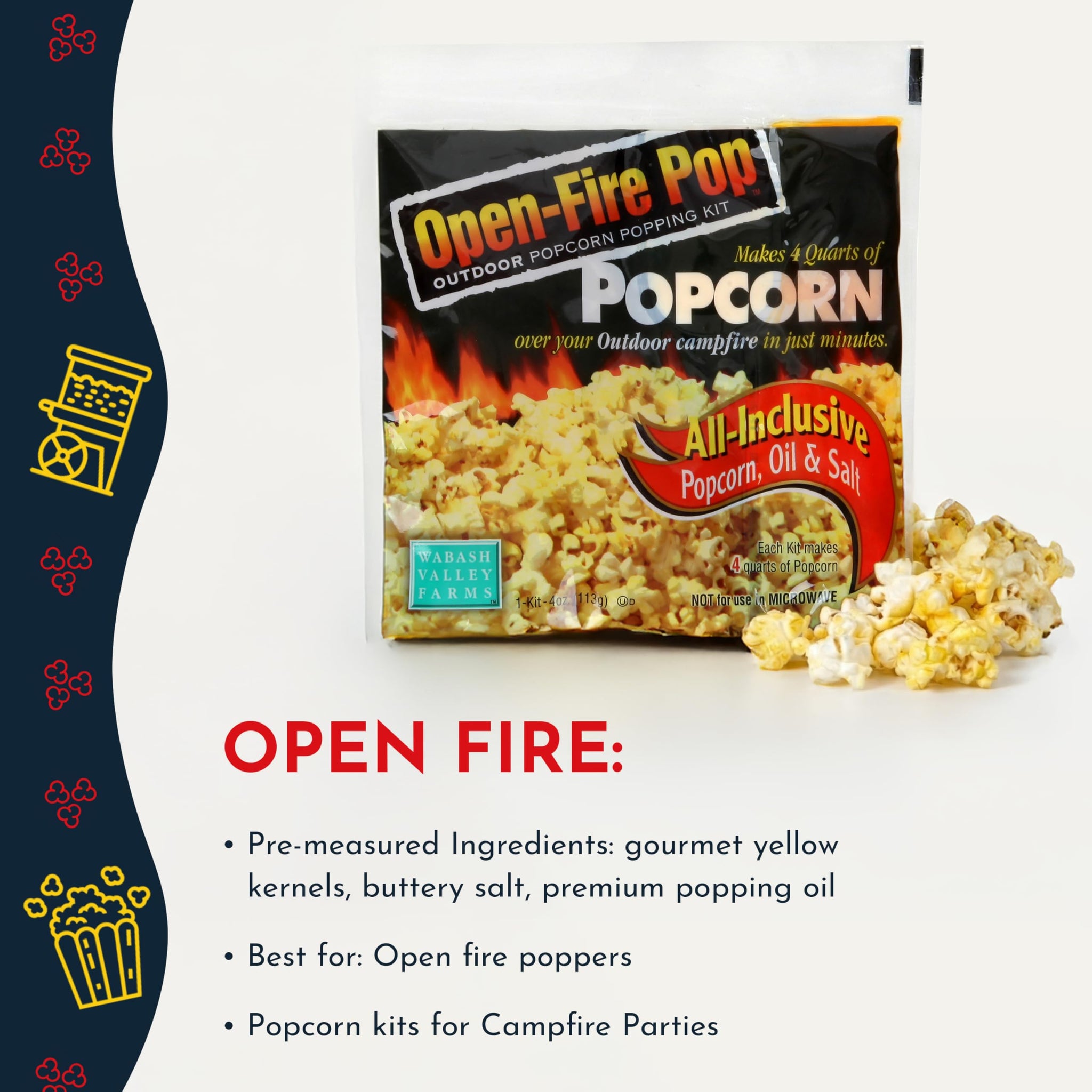 Wabash Valley Farms Open Fire Popcorn Popping Kits - All-You-Need Movie Night Kit - Includes Yellow Popcorn Kernels, Salt & Oil For Outdoor Popping