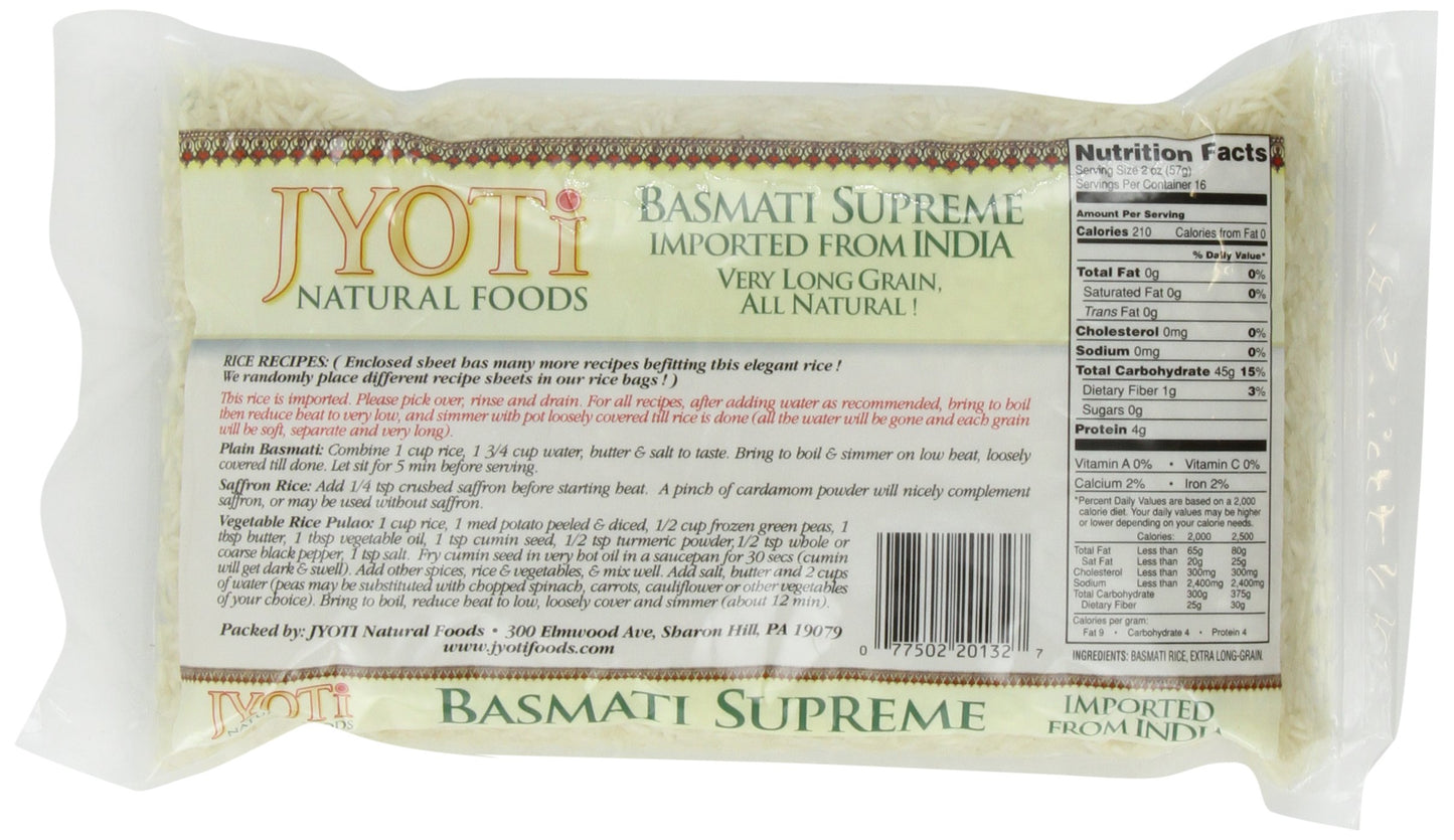 Jyoti Basmati Supreme Rice, 6 bags of White Basmati Rice, 32 oz each bag, Long Grain, Non GMO, Vegan, Vegetarian, All Natural