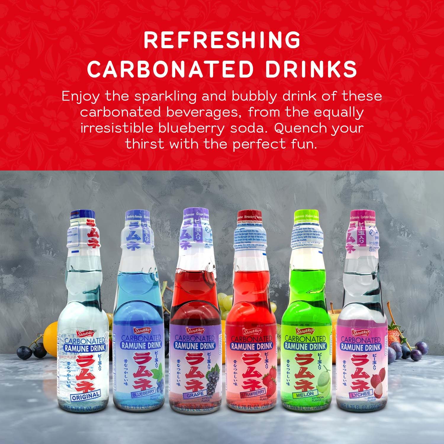 Shirakiku Ramune Variety pack, 6 Count, 6.76 Fl Oz Glass Bottles, Japanese Carbonated Soft Drink