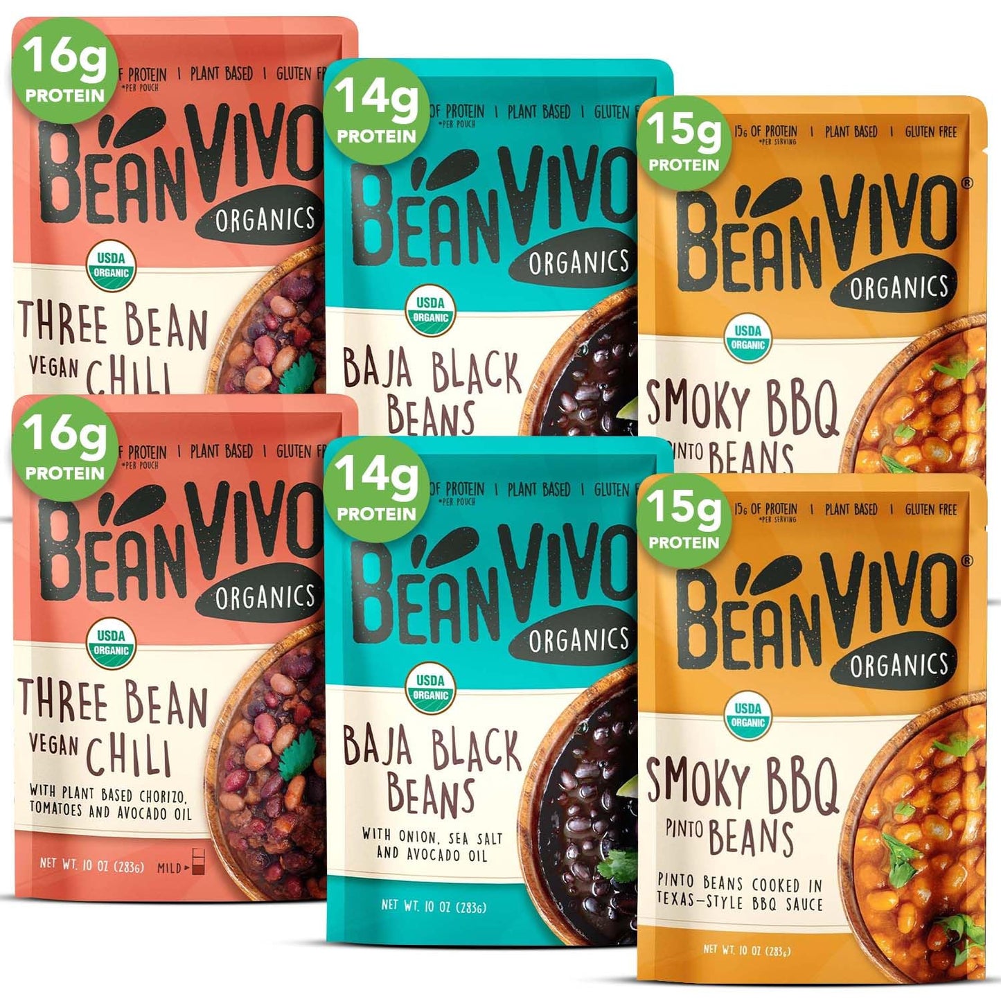 BeanVIVO - Variety 6 Pack (10 oz each) - Organic Baja Black Beans, Three Bean Vegan Chili, BBQ Pinto Beans - Seasoned & Ready to Eat, Plant Protein