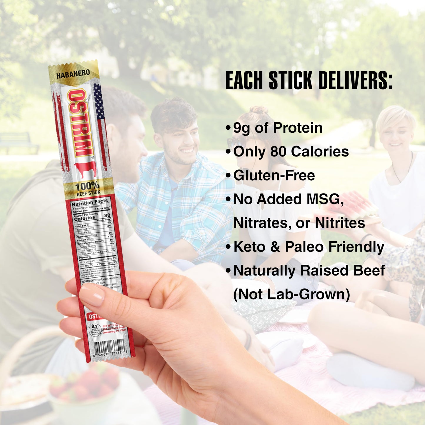 Ostrim Beef Snack Sticks, 1oz, High Protein, Keto & Paleo Friendly, Sugar Free, Gluten Free, No MSG, No Nitrates (Pack of 12) (1 oz, Habanero)