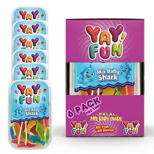 Halal Mix Baby Shark Gummy | 6 Pack Bundle (6x7 oz Tubs) | Assorted Color Shark-Shaped Gummy Candy| Resealable Tubs in Bulk with Display Box | Halal