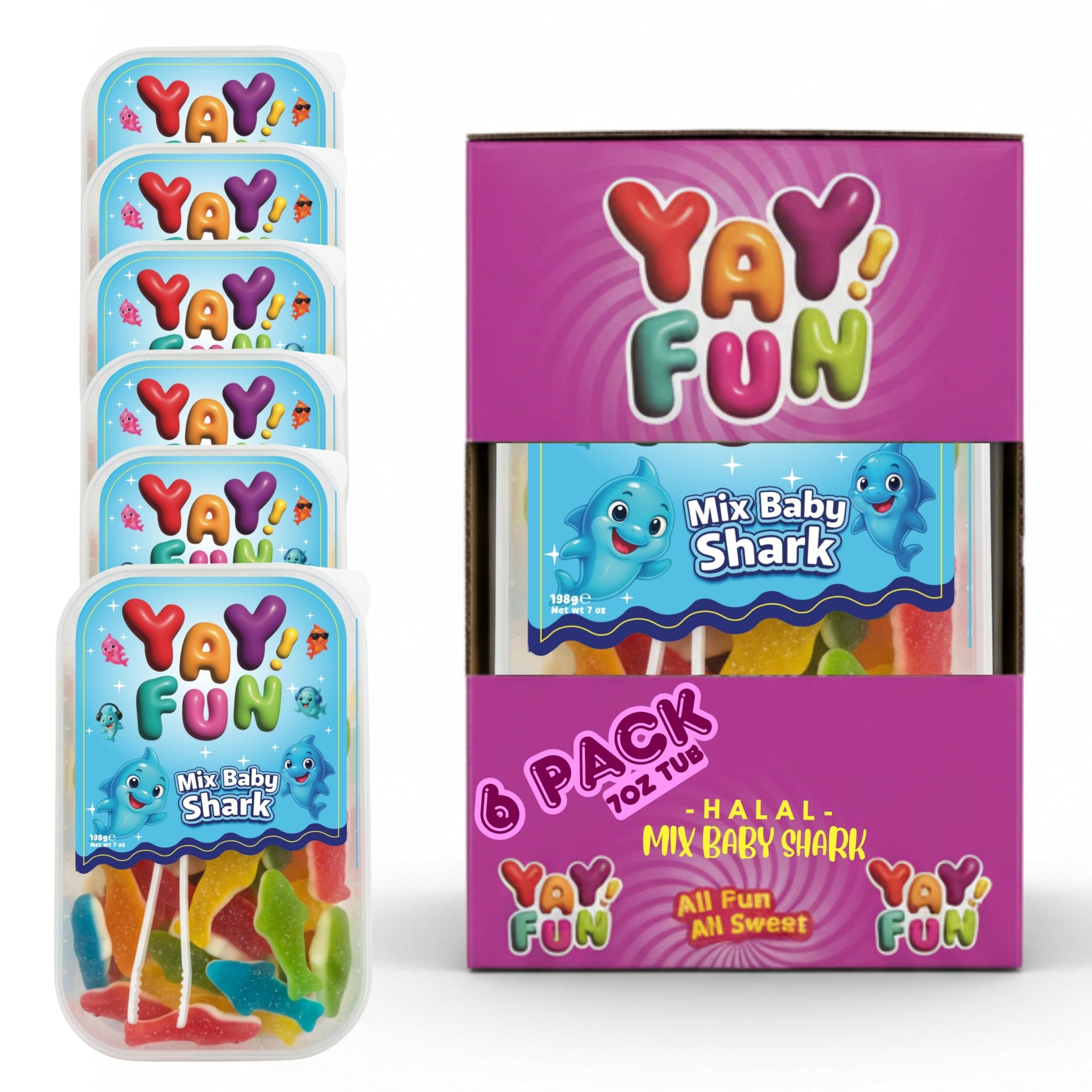 Halal Mix Baby Shark Gummy | 6 Pack Bundle (6x7 oz Tubs) | Assorted Color Shark-Shaped Gummy Candy| Resealable Tubs in Bulk with Display Box | Halal