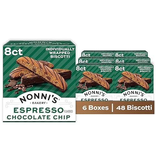 Nonni's Espresso Chocolate Chip Biscotti, Dipped in Real Dark Chocolate, Individually Wrapped Italian Cookie Snacks, 8 Servings (6 Boxes)