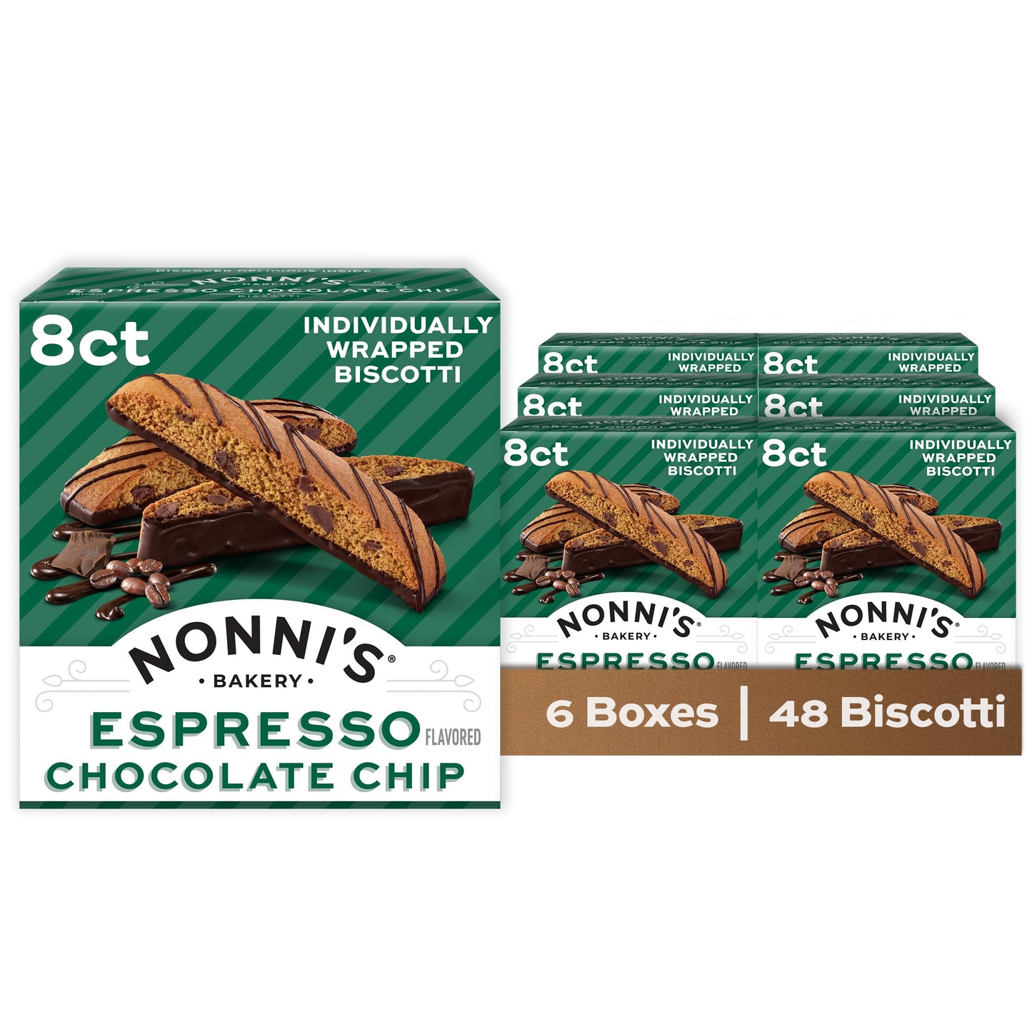 Nonni's Espresso Chocolate Chip Biscotti, Dipped in Real Dark Chocolate, Individually Wrapped Italian Cookie Snacks, 8 Servings (6 Boxes)