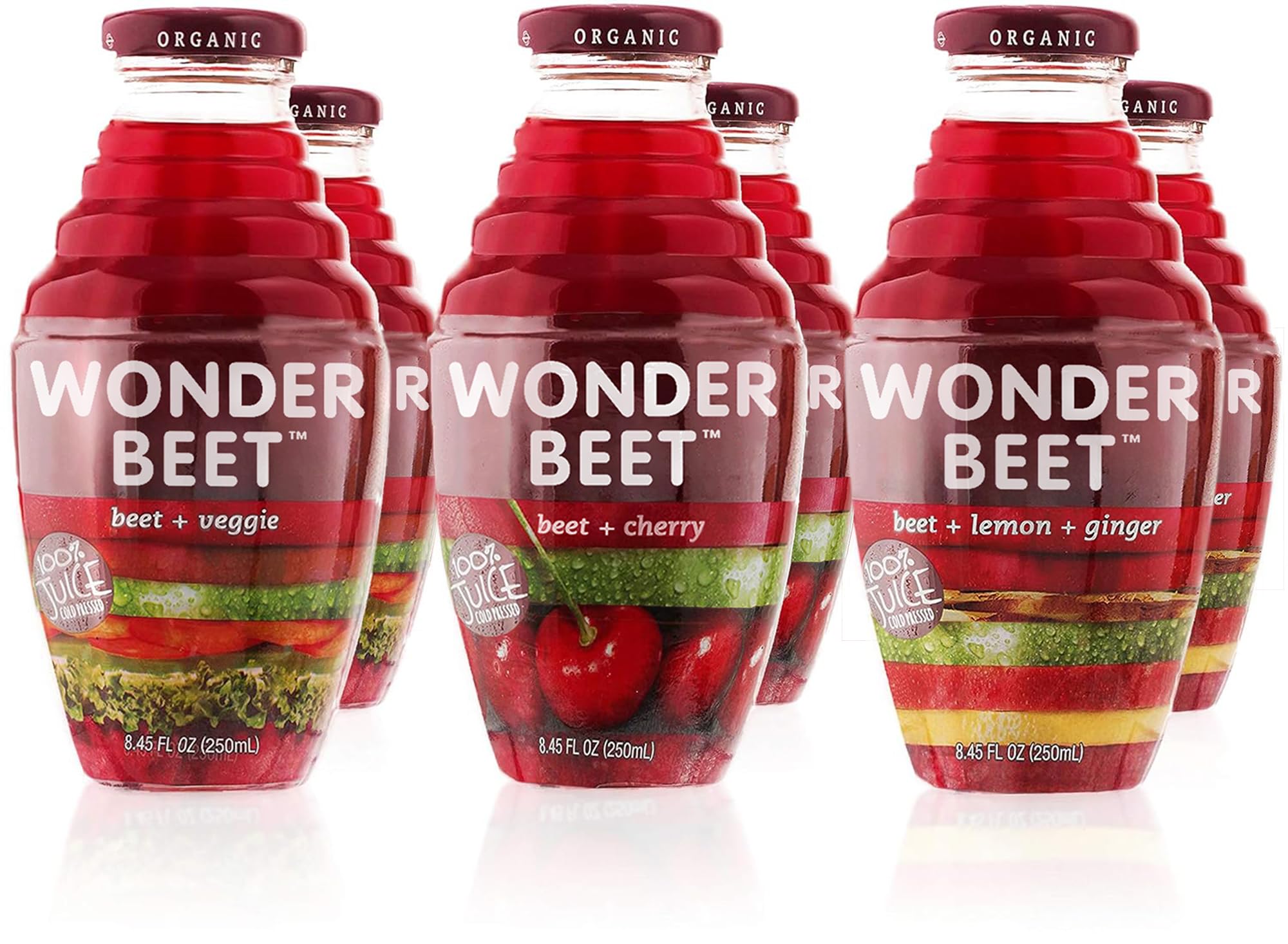 Beetology Organic Beet Juice 8.45oz "Variety Pack", 2 bottles each of: Beet + Veggie, Beet + Lemon Ginger, Beet + Cherry (6 Pack) Wonder Beet Juices |