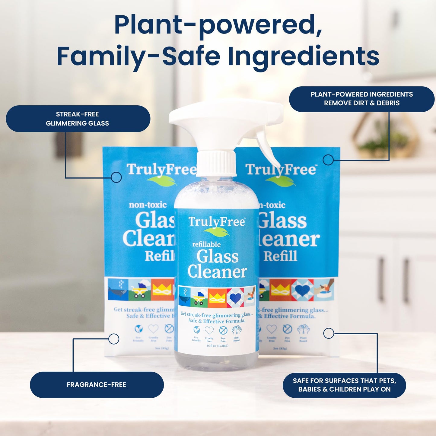 Truly Free Natural Glass Cleaner Kit - Removes Dirt & Debris for Sparkling Clean Windows & Glass Surfaces at Home, Office & Garage, Includes 16 oz