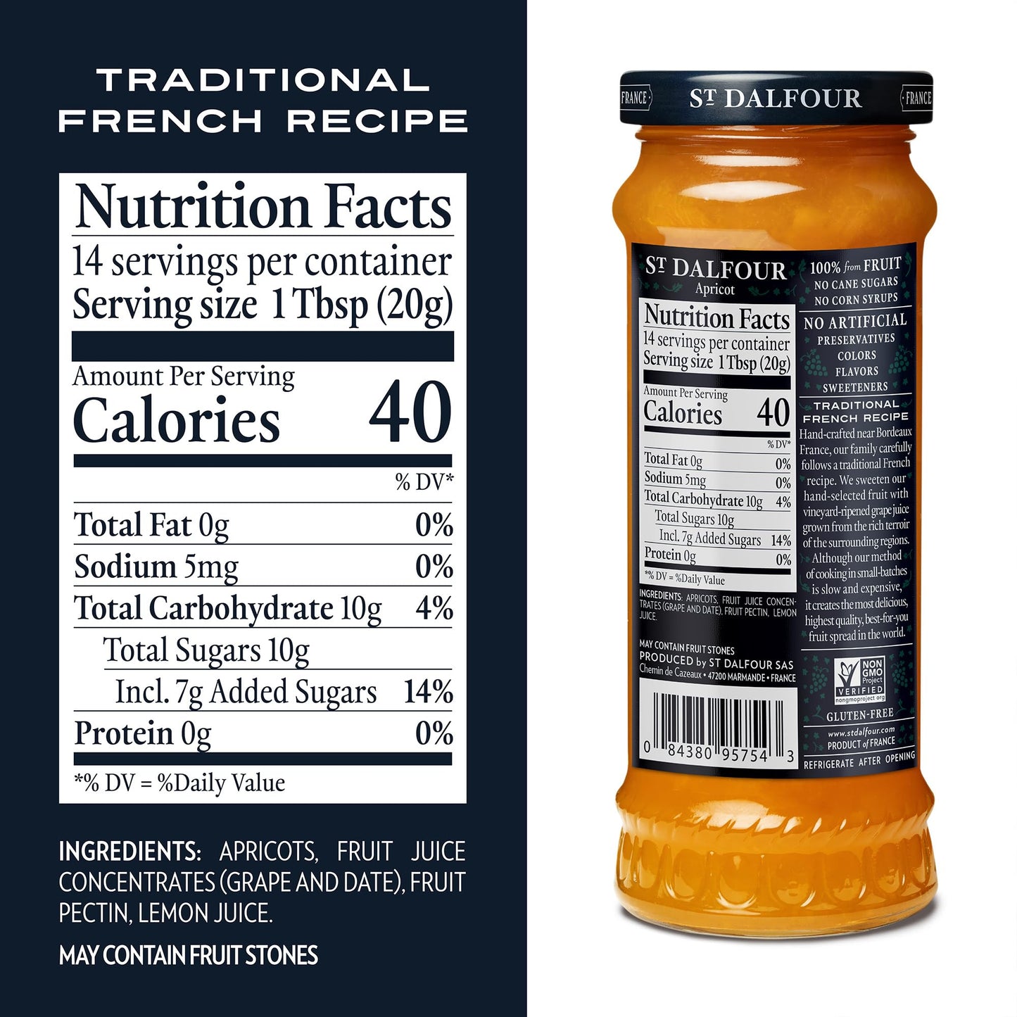 St. Dalfour Apricot Fruit Spread - 10oz - 100% from Fruit, No Artificial Ingredients, Non-GMO, No Cane Sugars, All Natural, Made in France