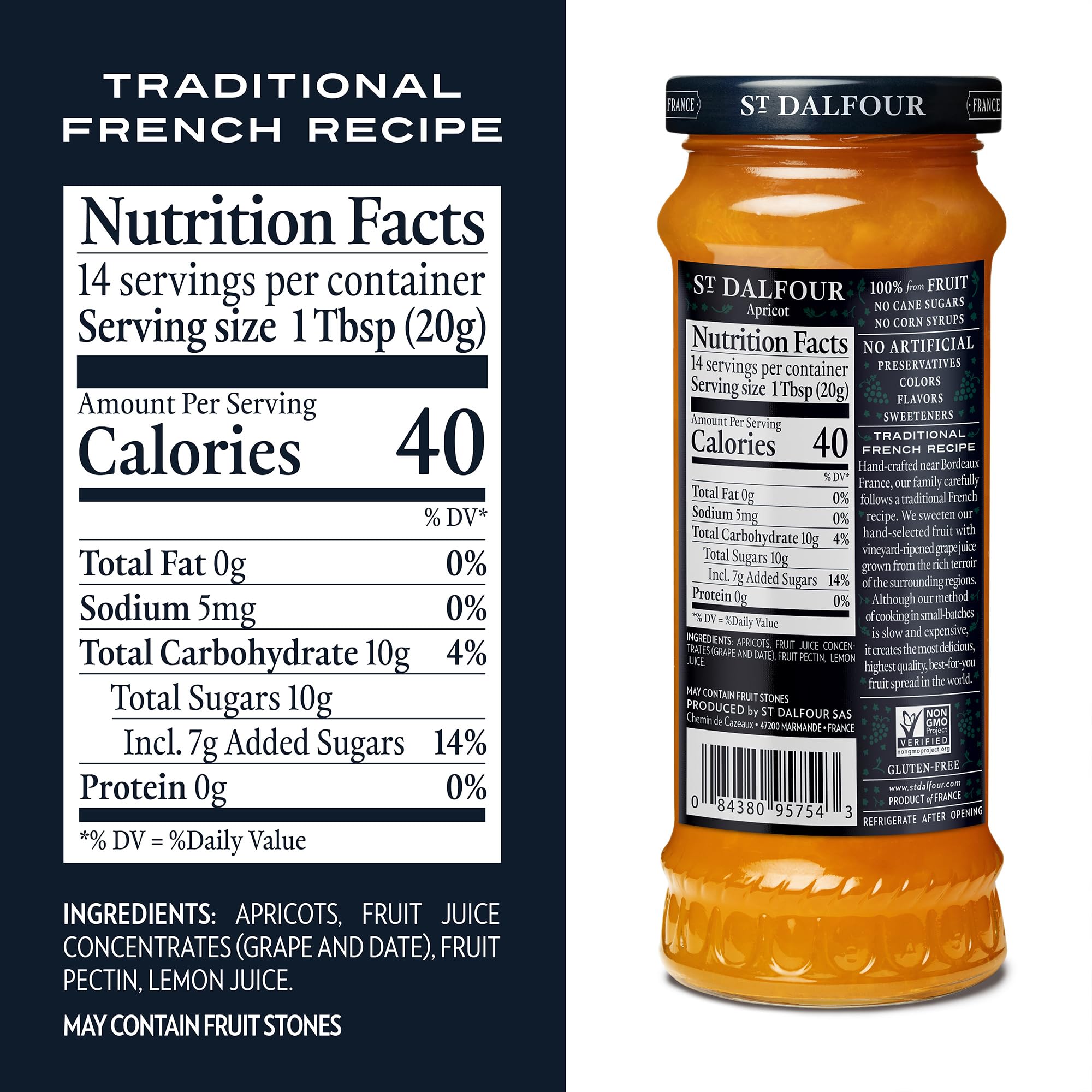 St. Dalfour Apricot Fruit Spread - 10oz - 100% from Fruit, No Artificial Ingredients, Non-GMO, No Cane Sugars, All Natural, Made in France