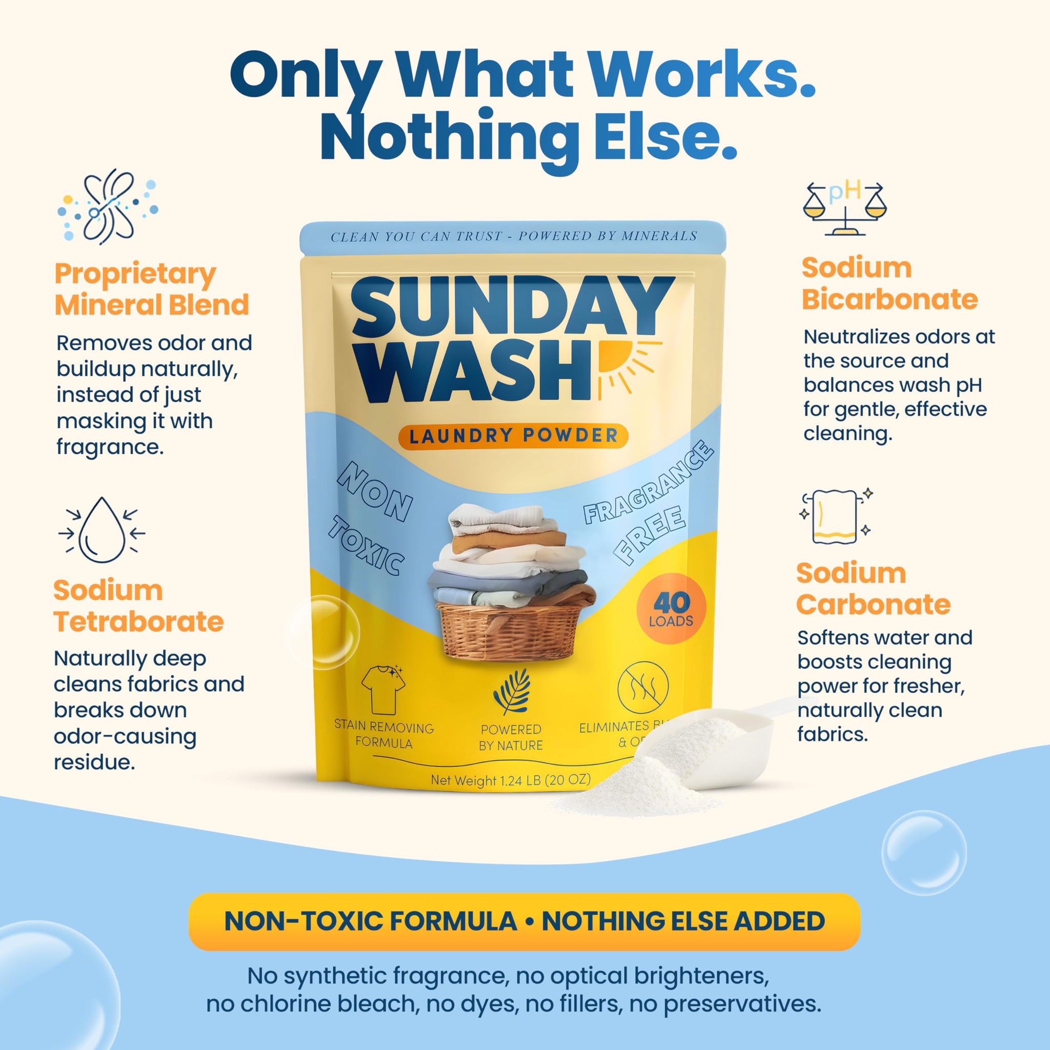 Sunday Wash Natural Laundry Detergent Powder | Mineral Based, All Natural, Fragrance Free Household | Mineral Powered Deep Clean, Powder Laundry