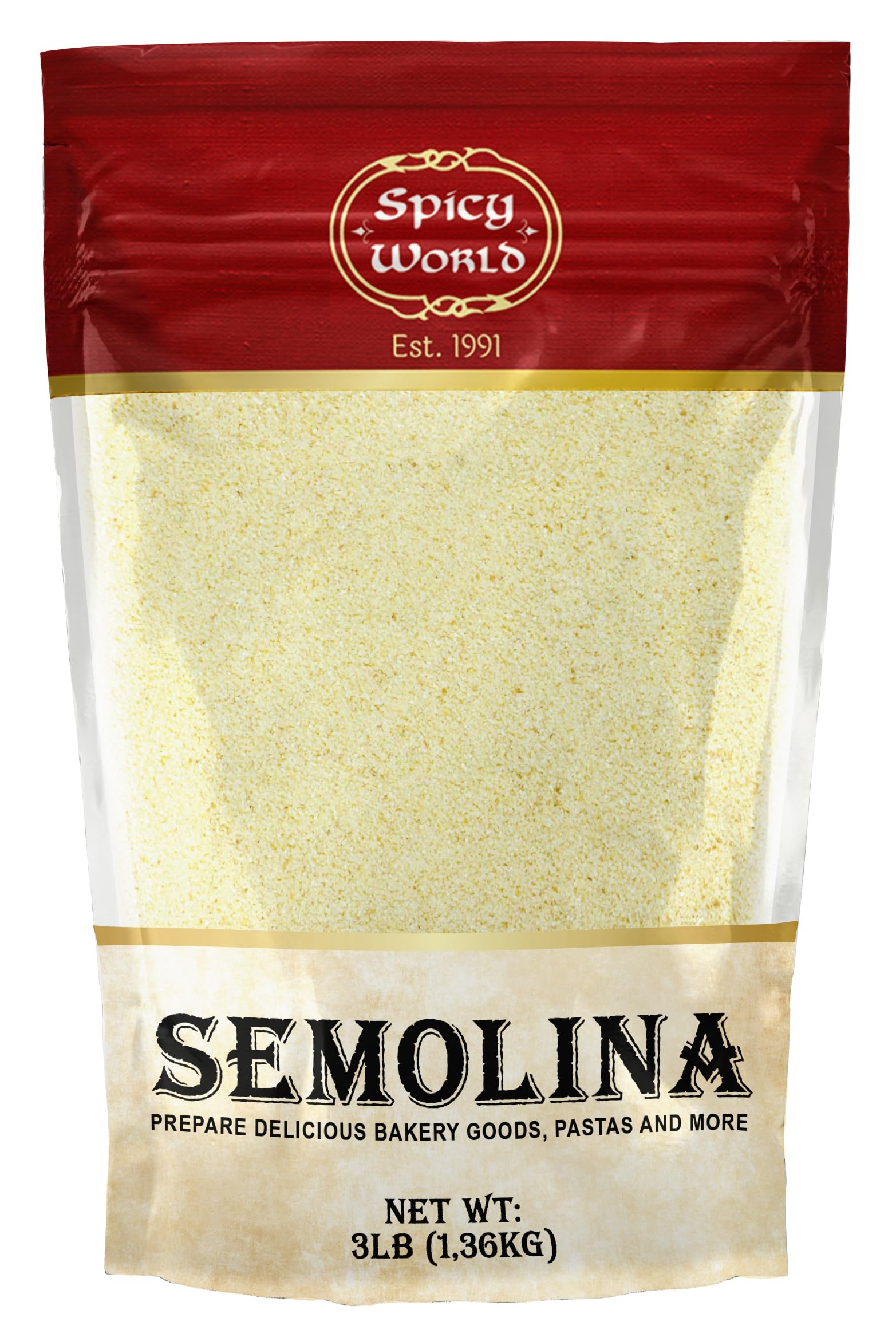 Spicy World Semolina Flour 3 LB (48 Ounce) | USA Grown Semolina for Pizza, for Pasta, and Bread Making | Fine Ground, Bulk Yellow Durum Semola Flour