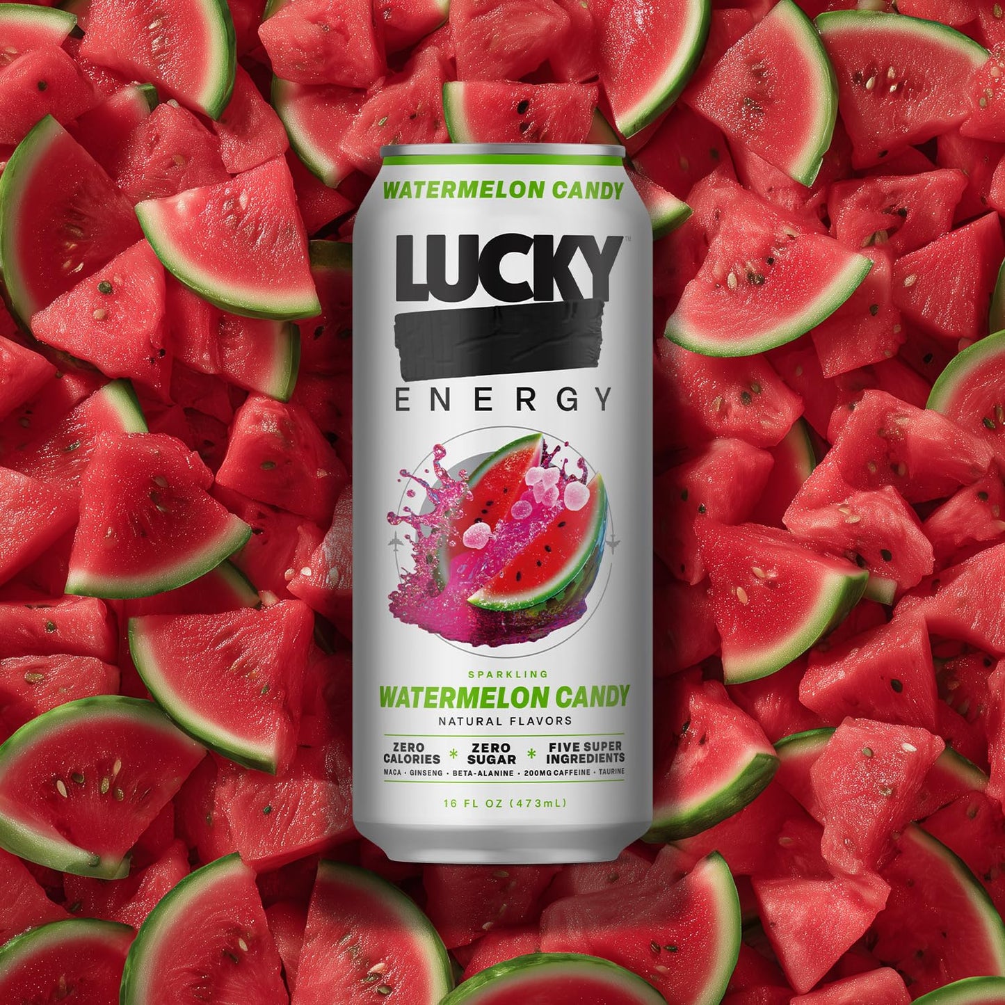 Lucky Energy Sugar Free Energy Drinks, Watermelon Candy, 16oz Cans (12-Pack) Healthy, Zero Sugar Energy Drink with Maca, Ginseng, Beta-Alanine