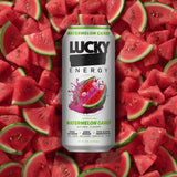 Lucky Energy Sugar Free Energy Drinks, Watermelon Candy, 16oz Cans (12-Pack) Healthy, Zero Sugar Energy Drink with Maca, Ginseng, Beta-Alanine