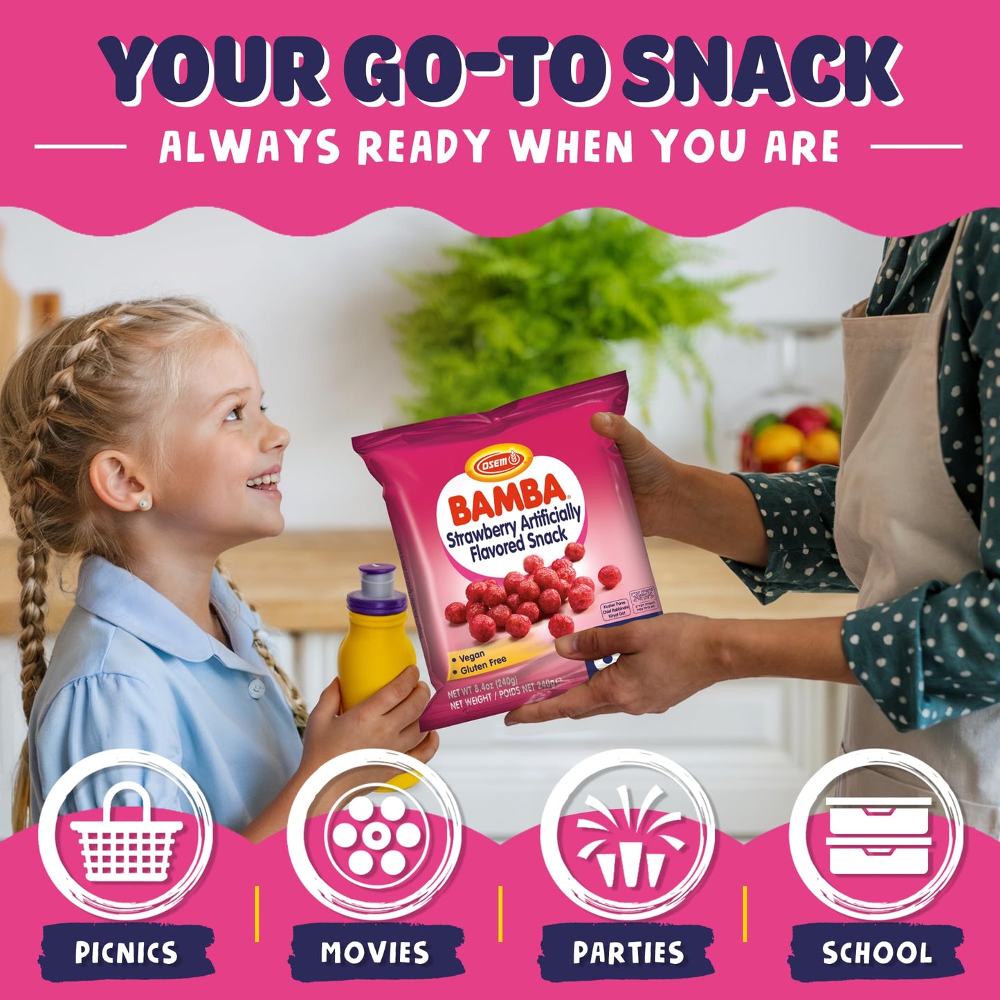 Osem Bamba Strawberry Flavored Snack - All Natural Sweet Red Strawberry Bamba Corn Puffs, for Adults and Kids, Convenient Family Pack - 1.05oz Bag