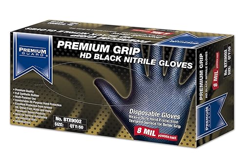 Premium Guard - Nitrile Gloves Heavy Duty 8 Mil Disposable, Powder Free, Black, 50 Gloves per Box (Medium)