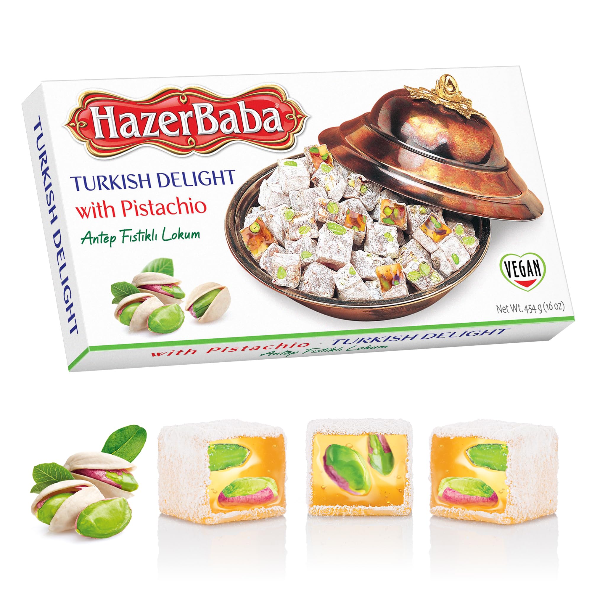 Hazer Baba Turkish Delight Pistachio Candy, 16oz (Pack of 1) Gourmet Snack Box, Traditional, Vegan Snack, Turkish Lokum, Unique Sweets, Loukumi