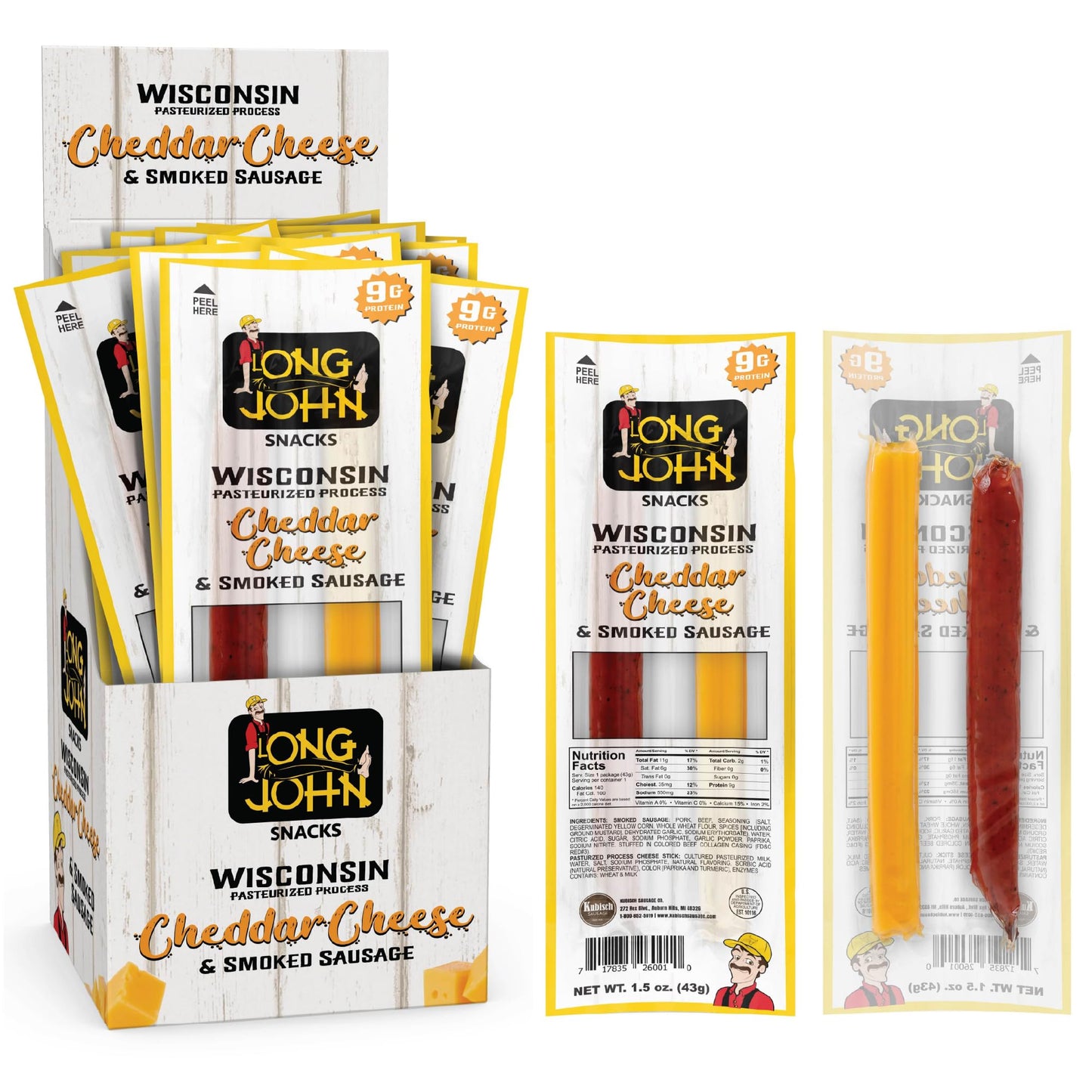 Long John Snacks Meat and Cheese Sticks - Original Smoked Sausage & Real Wisconsin Cheddar Cheese Stick - High Protein Snacks Made from Premium USA