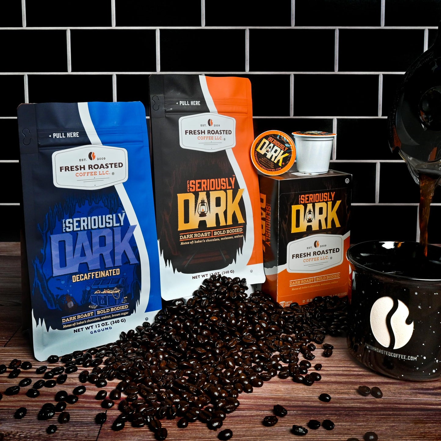 Fresh Roasted Coffee, Seriously Dark Decaf Artisan Blend Drip Ground Coffee, Dark Roast, Kosher, 12 oz