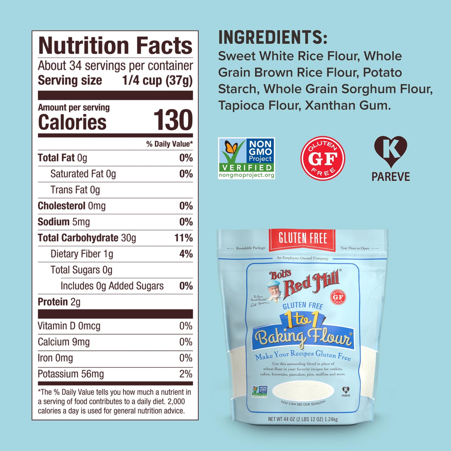 Bob's Red Mill Gluten Free 1 to 1 Baking Flour, 64oz (Pack of 1) - Non GMO, Vegan, Kosher