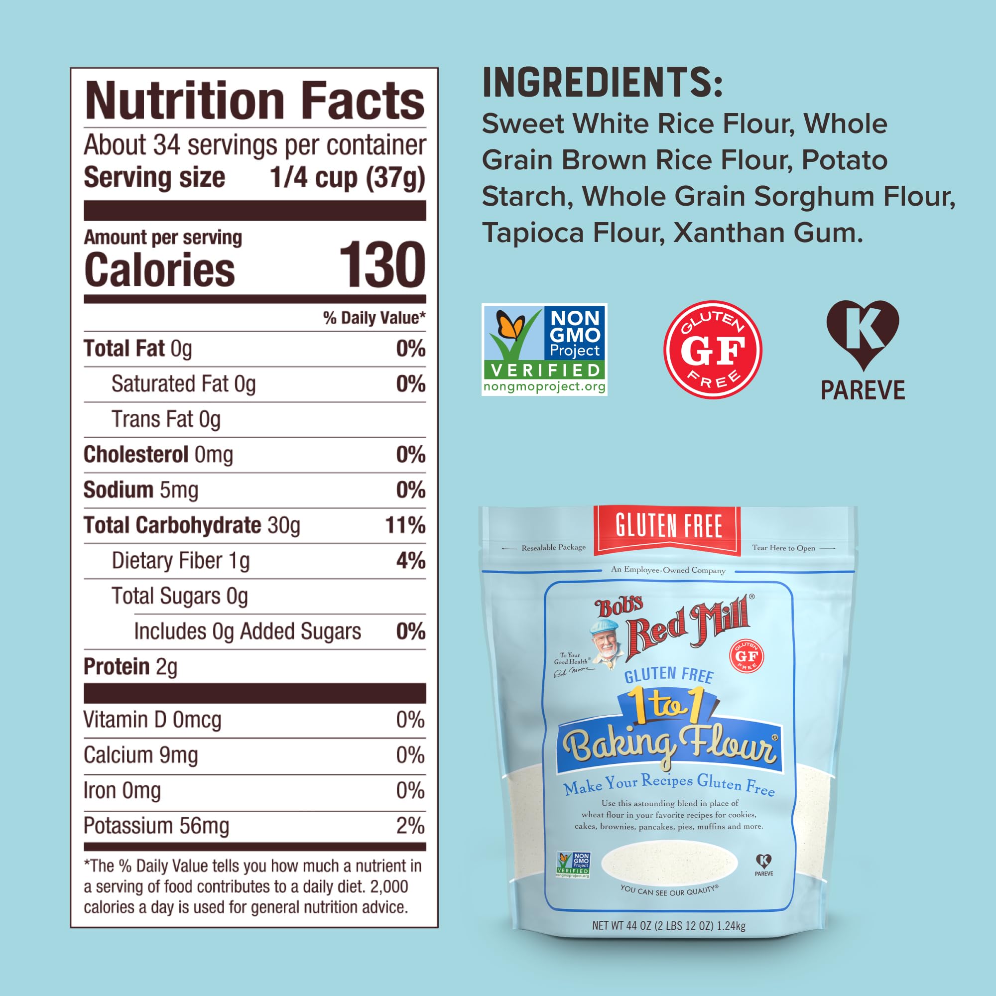 Bob's Red Mill Gluten Free 1 to 1 Baking Flour, 64oz (Pack of 1) - Non GMO, Vegan, Kosher