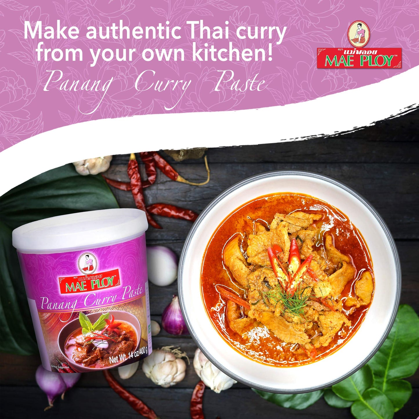 Mae Ploy Panang Curry Paste, Authentic Thai Panang Curry Paste for Thai Curries & Other Dishes, Aromatic Blend of Herbs, Spices & Shrimp Paste, No MSG