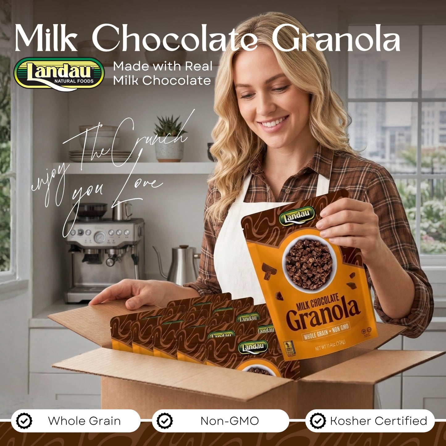 Landau Milk Chocolate Granola - Crunchy Whole Grain Oats with Real Chocolate Chunks - Non-GMO, Kosher Certified Diary Granola - Breakfast, Snack
