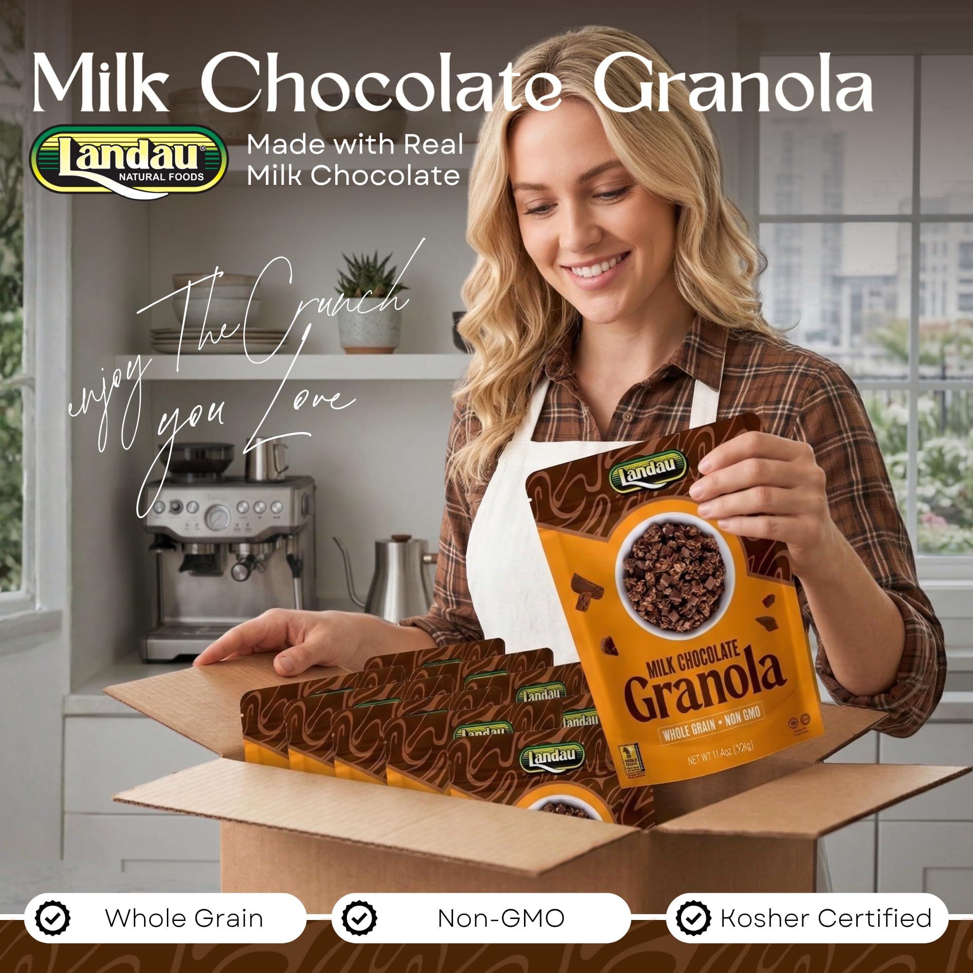Landau Milk Chocolate Granola - Crunchy Whole Grain Oats with Real Chocolate Chunks - Non-GMO, Kosher Certified Diary Granola - Breakfast, Snack