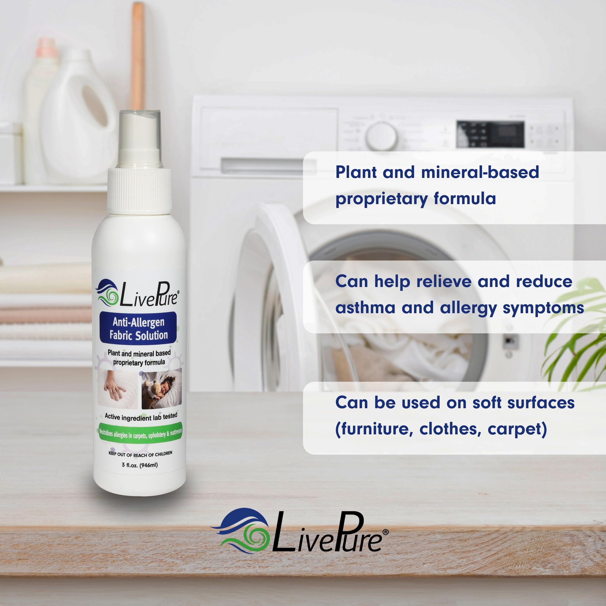 LivePure Anti-Allergen 3 OZ Fabric Spray for Household Surfaces. Plant-Based Allergy Spray for Dust Mites and Pet Dander. Fragrance Free - 5 Pack