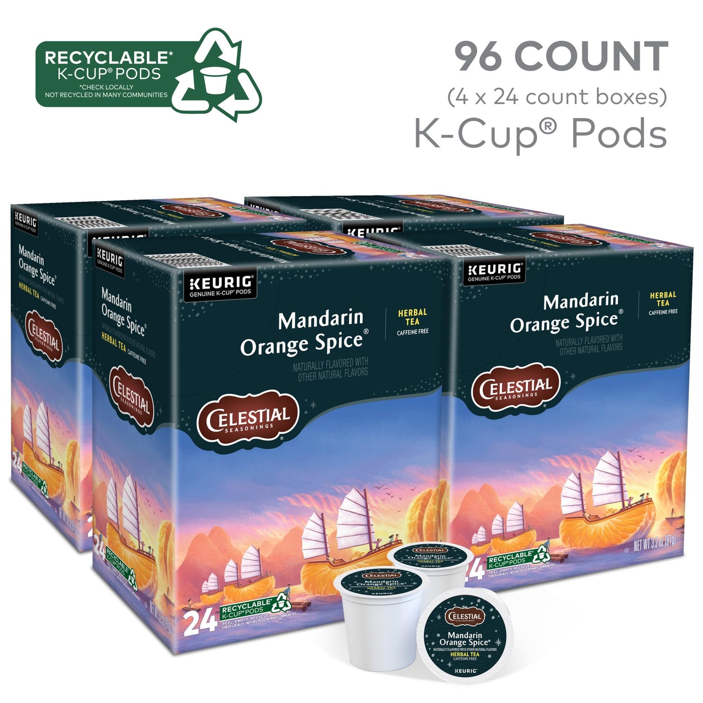 Celestial Seasonings Mandarin Orange Spice Herbal Tea, Single-Serve Keurig K-Cup Pods, 96 Count