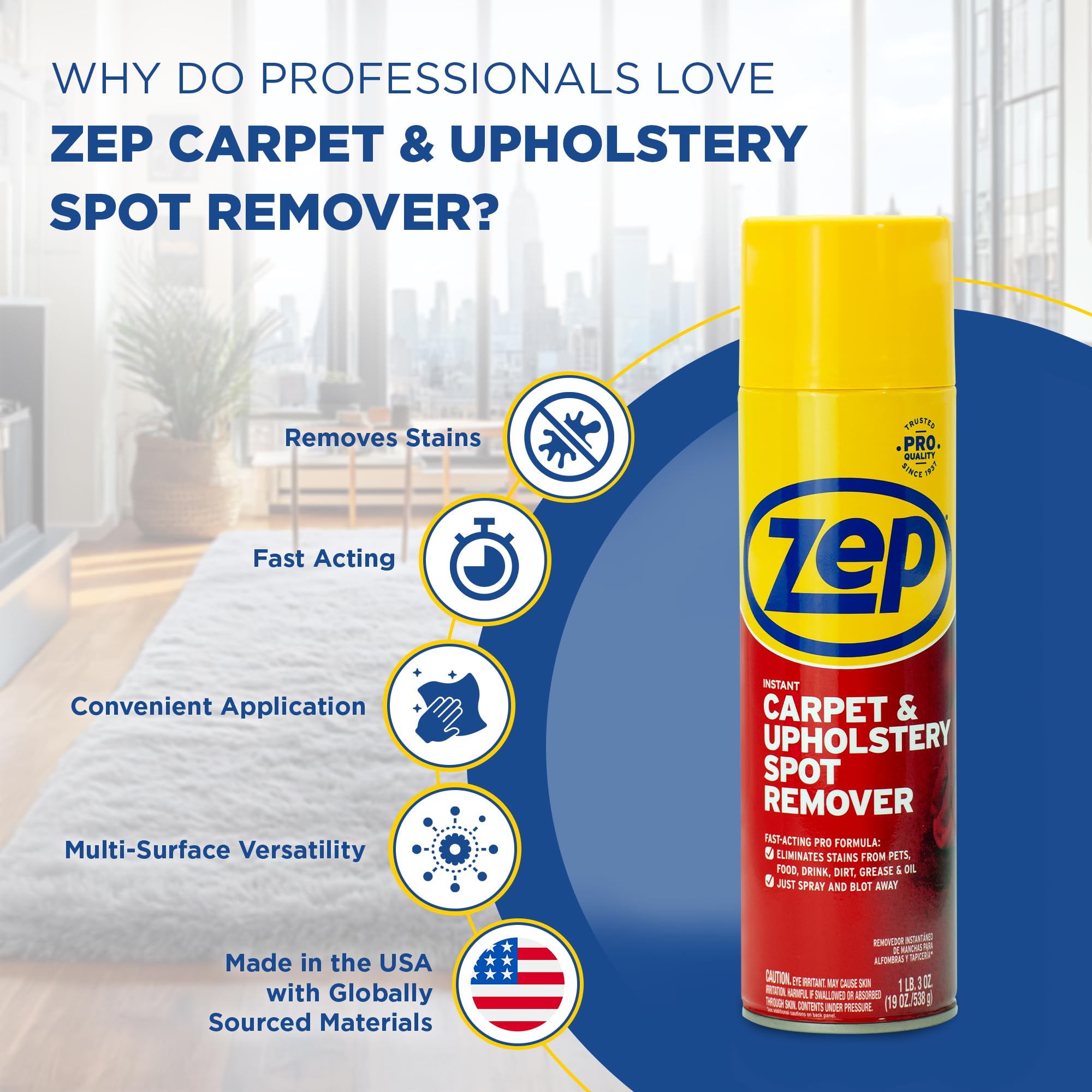 Zep Instant Carpet and Upholstery Spot Remover 19 oz (1 unit) and Zep Foaming Wall Cleaner 18 oz (1 unit) ECBD002 - Professional Sprays for Carpet