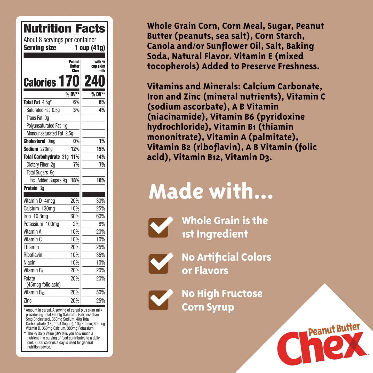 Peanut Butter Chex Cereal, Gluten Free Breakfast Cereal, Made with Whole Grain, 12.2 oz