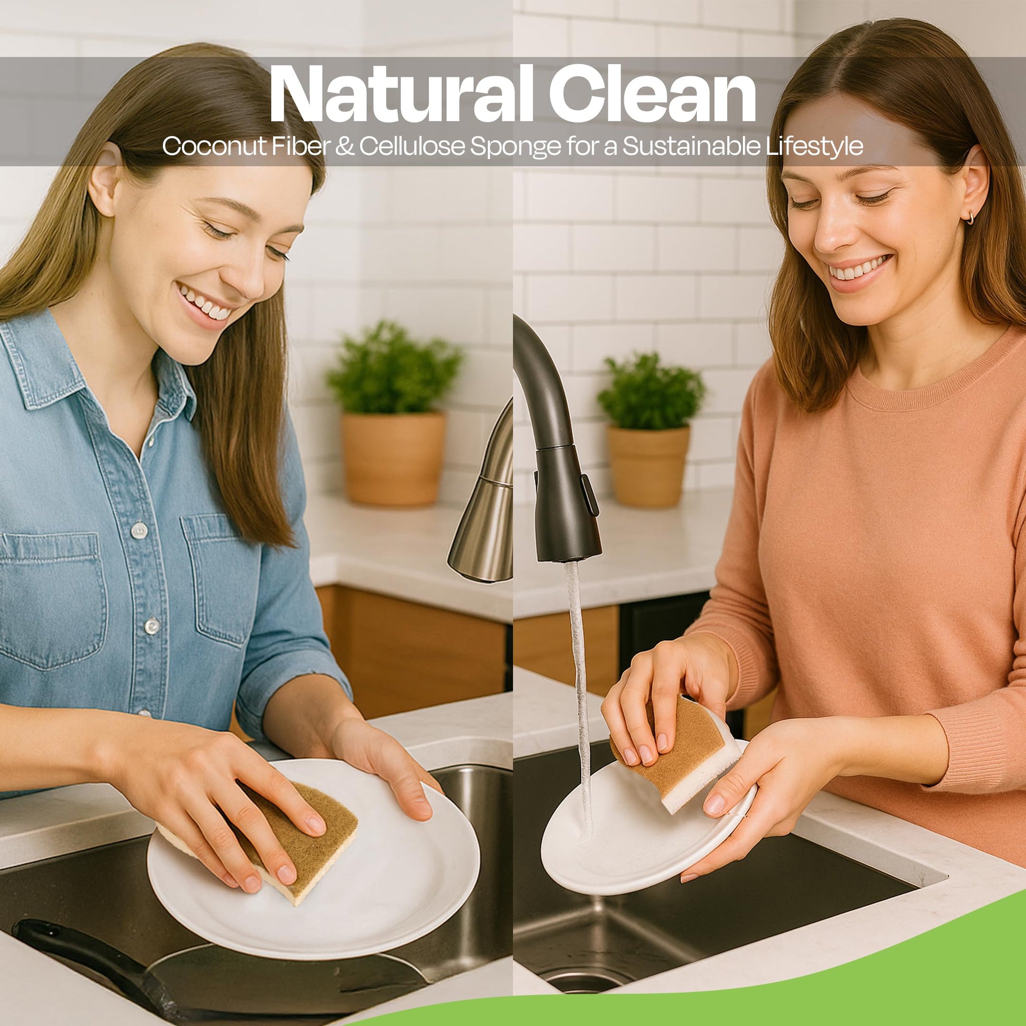 Super Eco Natural Kitchen Sponges Pack of 12 - Biodegradable Compostable Cellulose & Coconut Scrubber Sponge with Non-Scratch - Long Lasting, Eco