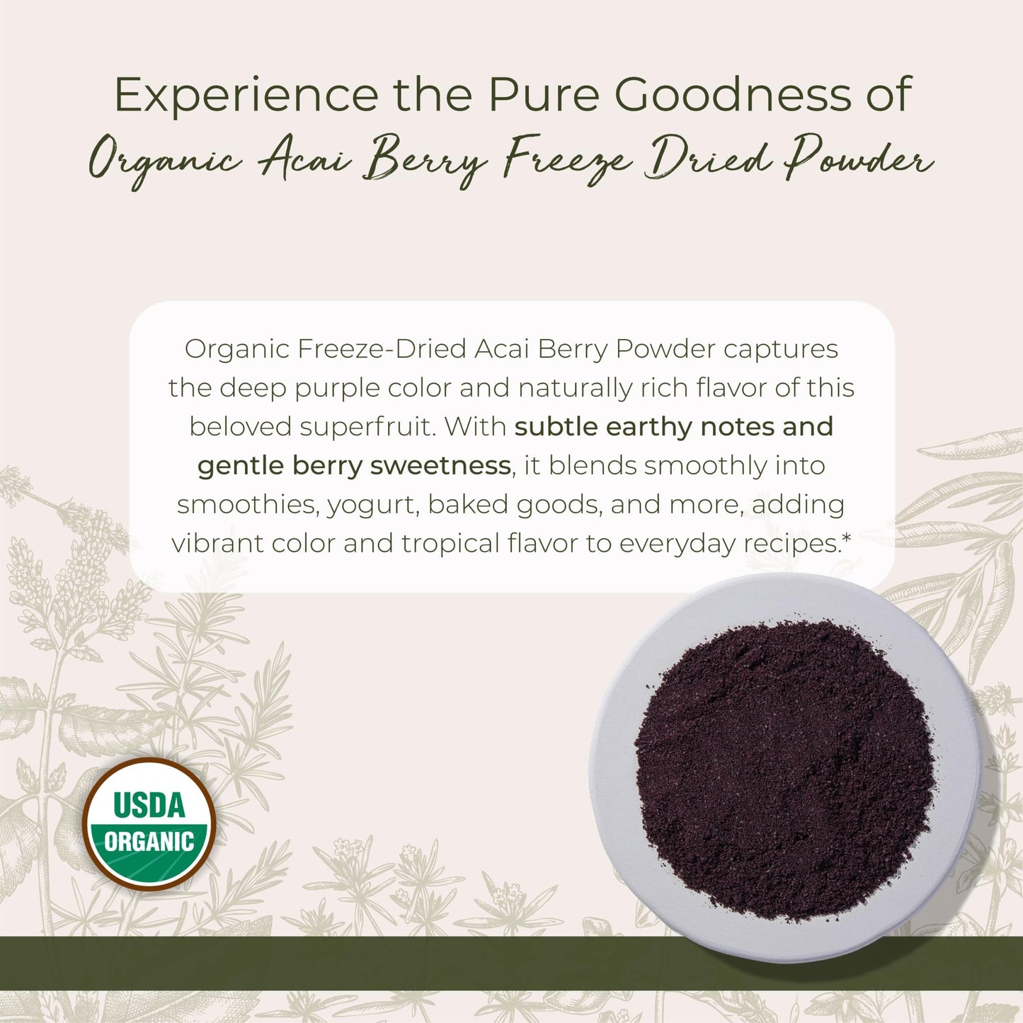 Starwest Botanicals Acai Berry Freeze Dried Powder Organic - Organic Acai for Bowls, Smoothies, Juice, Baked Goods, Yogurt & Cereal, Adds Coloring