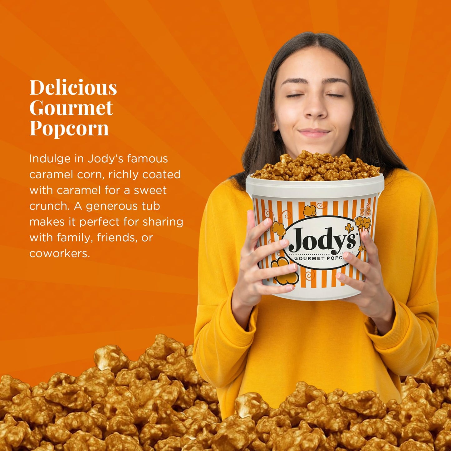 Jody’s Gourmet Caramel Corn Tub 37.5oz - Sweet Crunchy Popcorn Made with Real Butter & Non-GMO Kernels - Gluten Free, Kosher Dairy - Perfect