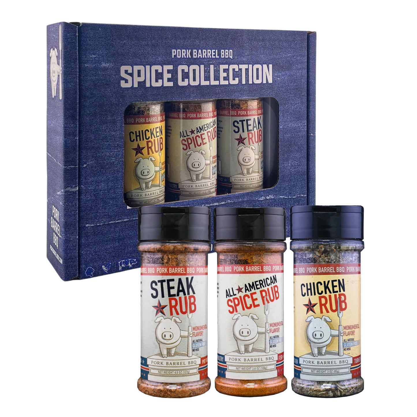 Pork Barrel BBQ Spice Collection Gift Pack | Gifts for Men| 3.8 oz All American Spice, 4.5 oz Steak and 3 oz Chicken, All Purpose BBQ Rub - No MSG