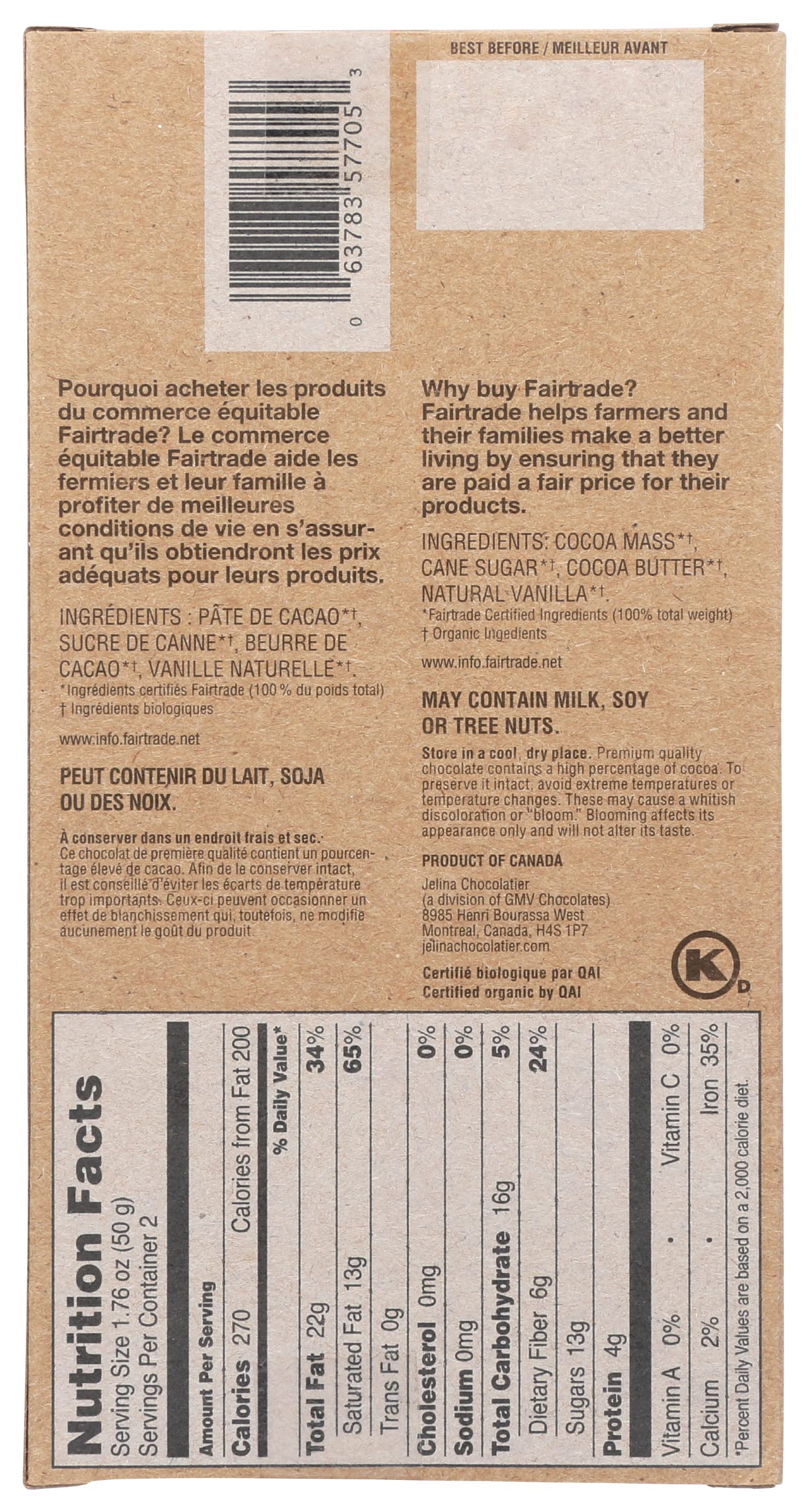 Jelina Chocolatier Organic 72% Dark Chocolate Bar, 3.52 OZ