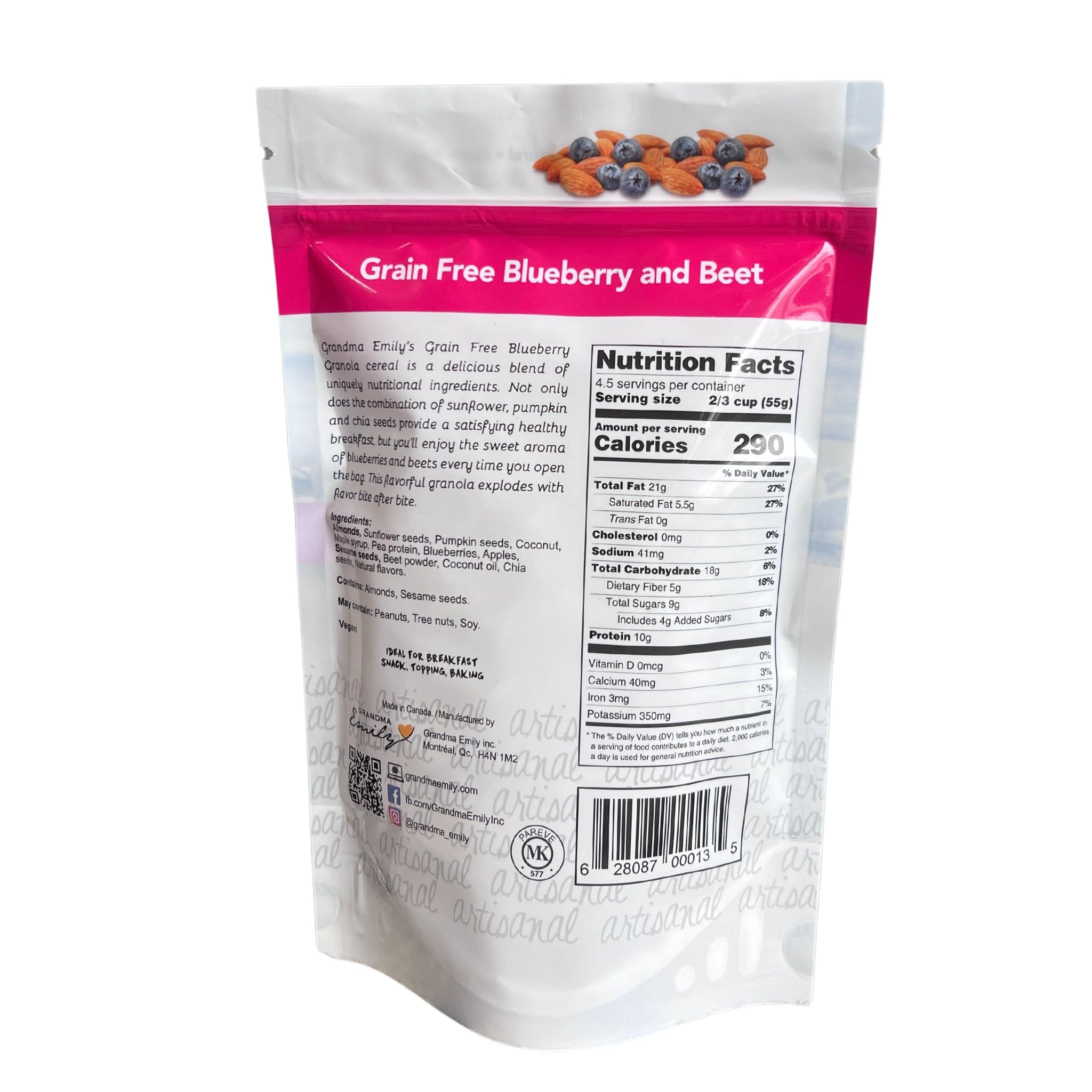 Grandma Emily Grain-Free Blueberry and Beet Granola Breakfast Cereal No Added Preservatives, 9 ounces (Pack of 2)