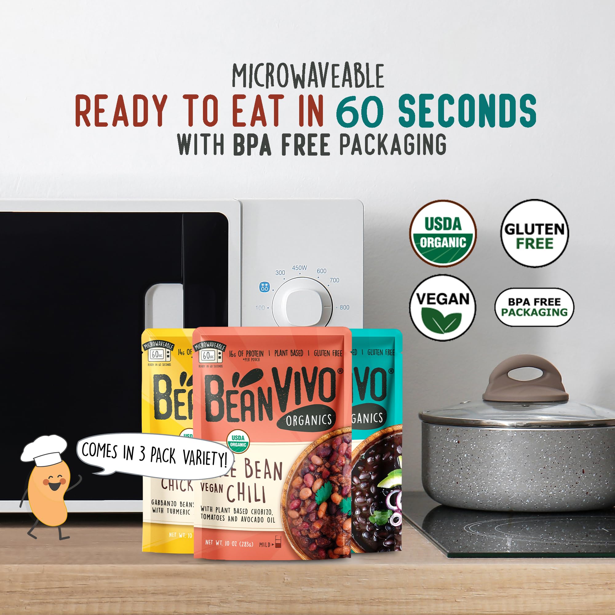BeanVIVO - Variety 3 Pack (10 oz each) - Organic Baja Black Beans, Three Bean Vegan Chili, Coconut Curry Chickpeas - Seasoned & Ready to Eat, Plant