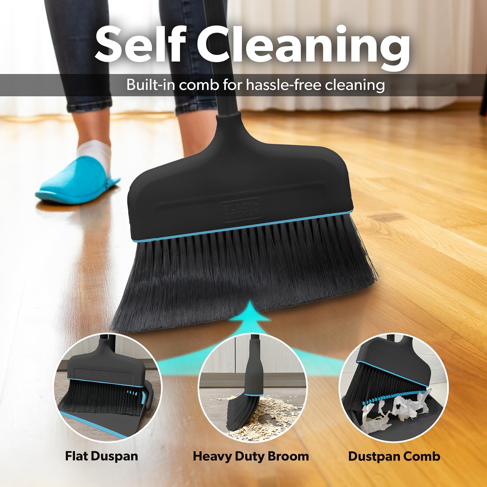 BLACK+DECKER Butler Broom & Dustpan Set - Short Handle, Stand-Up Design - Lightweight, Space-Saving Combo for Kitchen, Living Room, Bathroom, Lobby
