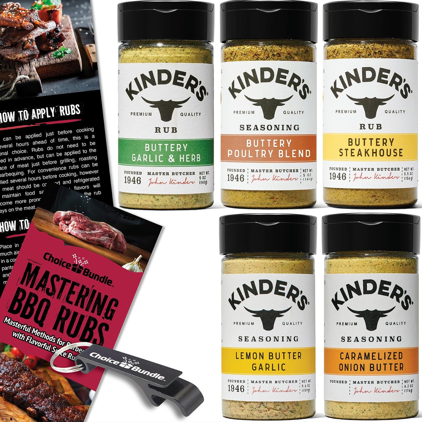 Kinders Buttery Garlic & Herb Buttery Poultry Buttery Steakhouse Lemon Butter Garlic Caramelized Onion Butter 5 pk Seasoning Rub Spice Set (27.3 oz) +