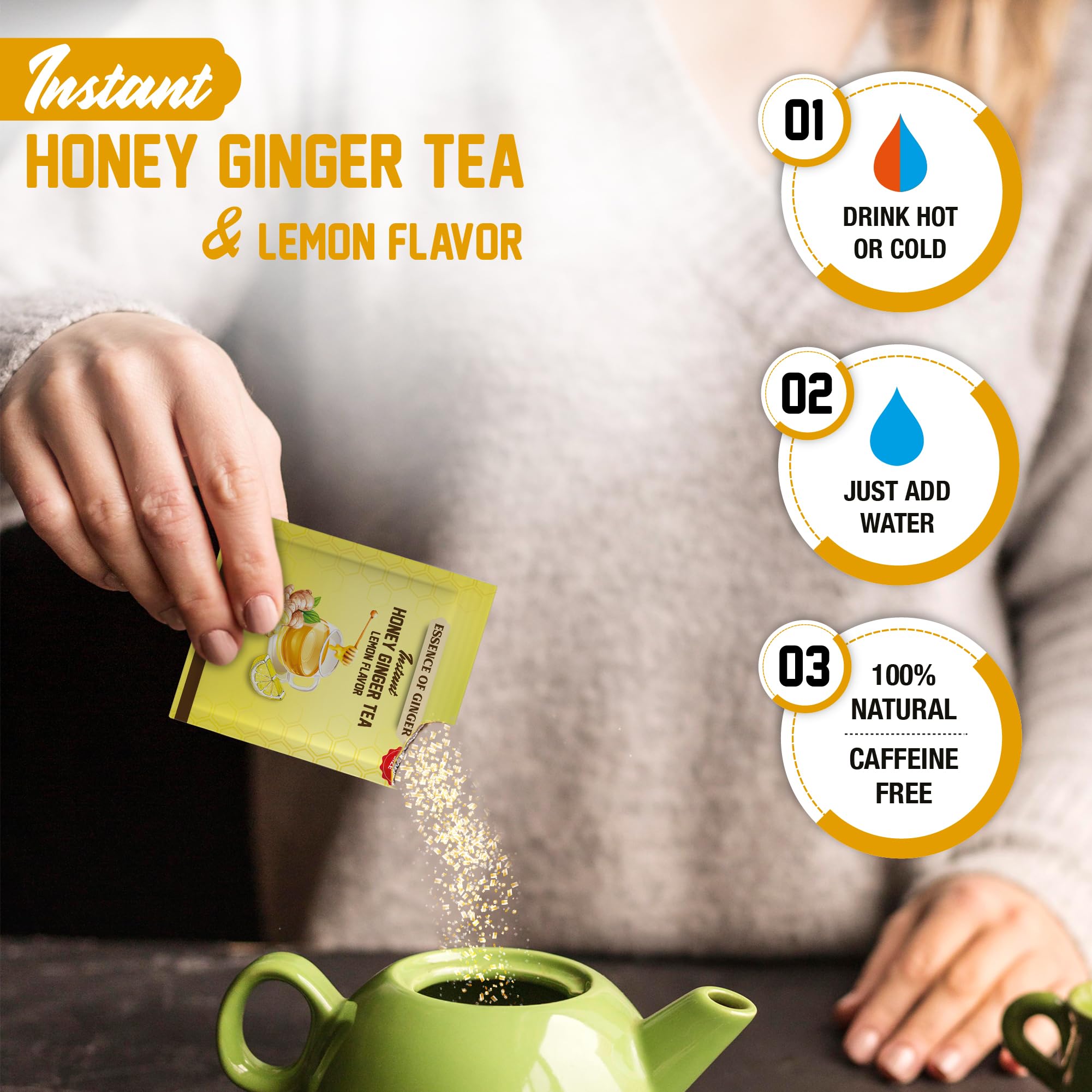 Natural Honey Lemon Ginger Root Herbal Crystals 30 Packets Instant Beverage 18 Grams Made With Real Pure Honey, Fresh Refreshing Lemon Citrus