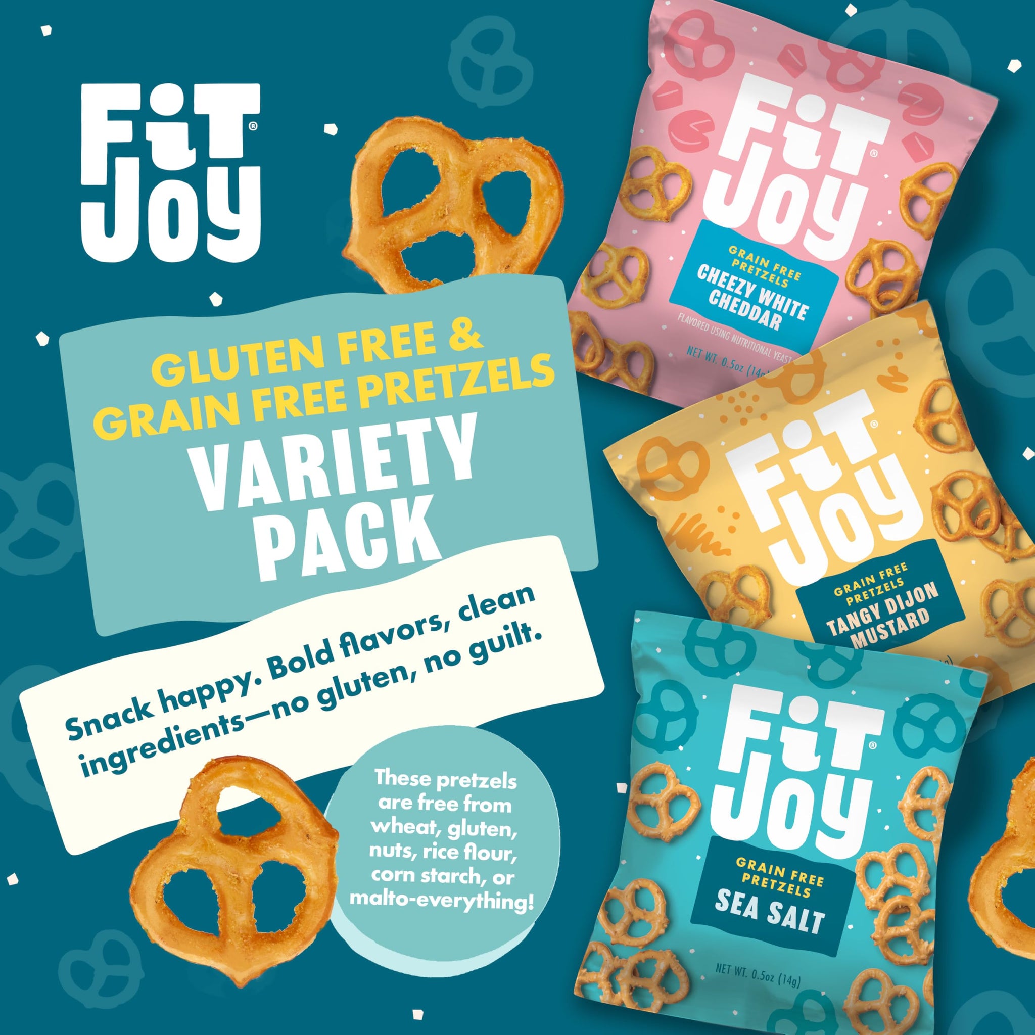 FitJoy Pretzel Variety Pack of 24 (0.5 Oz) - Tangy Dijon Mustard, Sea Salt, Cheezy White Cheddar Pretzel Twists - Dairy, Nut & Gluten Free Pretzels