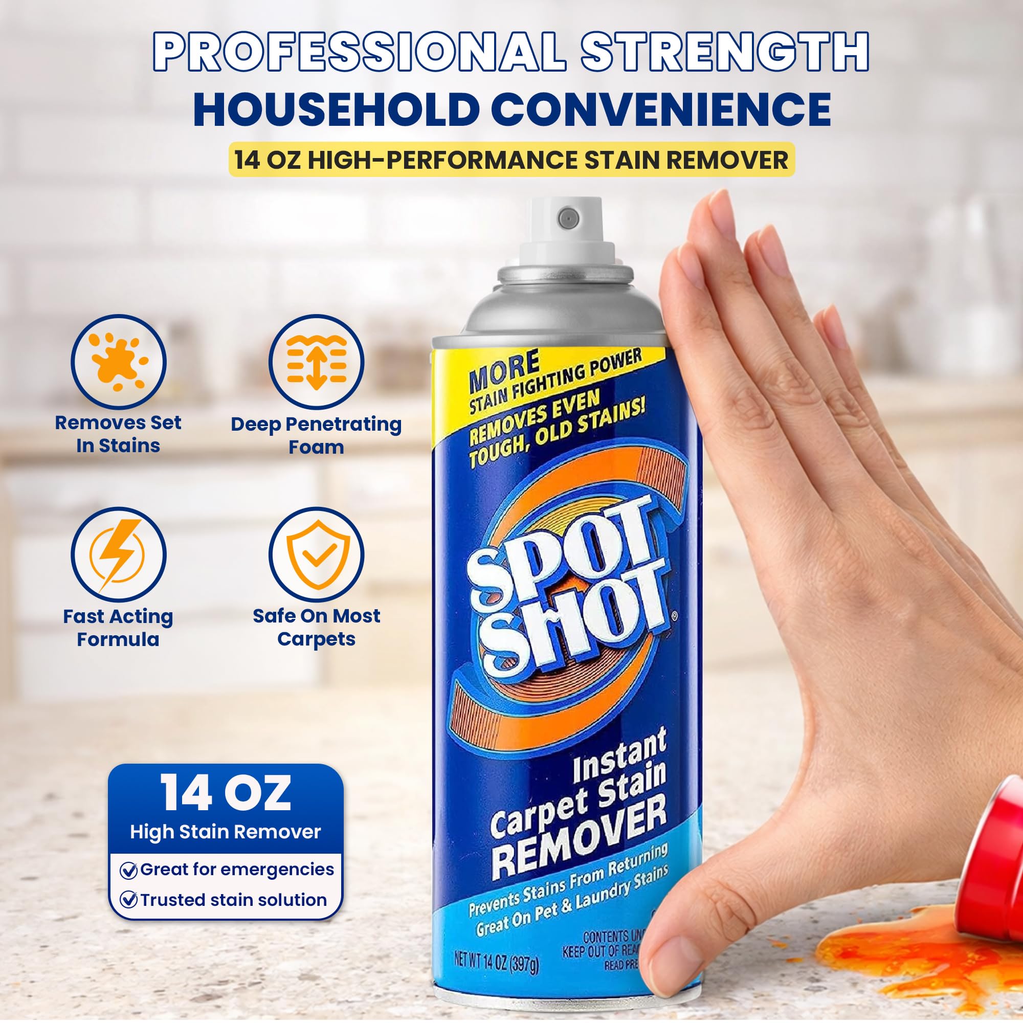 Spot Shot Instant Carpet Stain Remover Aerosol 14 oz - Fast Spray-and-Blot Carpet Cleaner for Old & New Stains, Helps Remove Pet Odors, Coffee, Wine