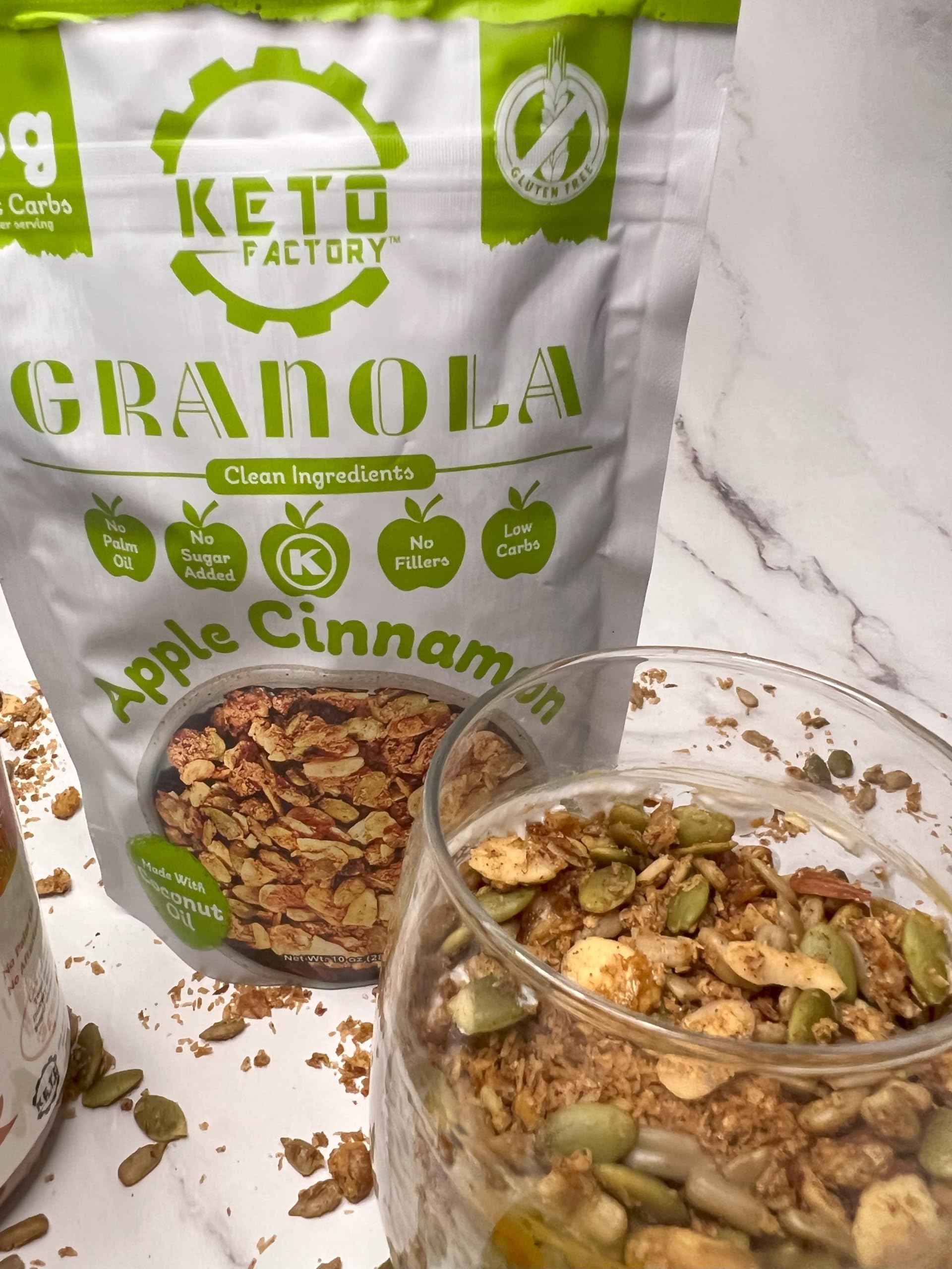 Keto Factory Apple Cinnamon Granola - 3g Net Carbs, Gluten Free, Diabetic Friendly Keto Snacks for Adult - No Added Sugar, Crunchy, and Nutrient Dense