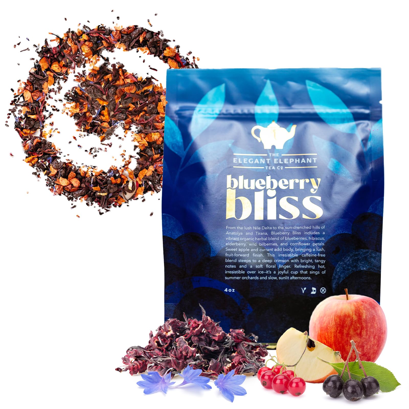 Blueberry Bliss Tea, Organic Loose Leaf Herbal Tea - Real Fruit, Summer Juice, Caffeine-Free, Refreshing Sweet Iced Drink - 4 oz Resealable Bag (Makes
