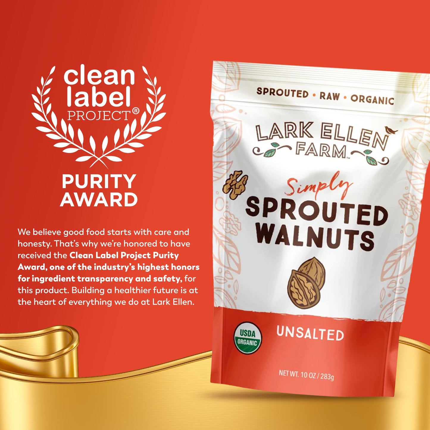 Lark Ellen Farm Organic Sprouted Walnuts - Raw, Unsalted, Keto-Friendly, Healthy Vegan Snack, Gluten-Free, 10 Oz, 3 Pack