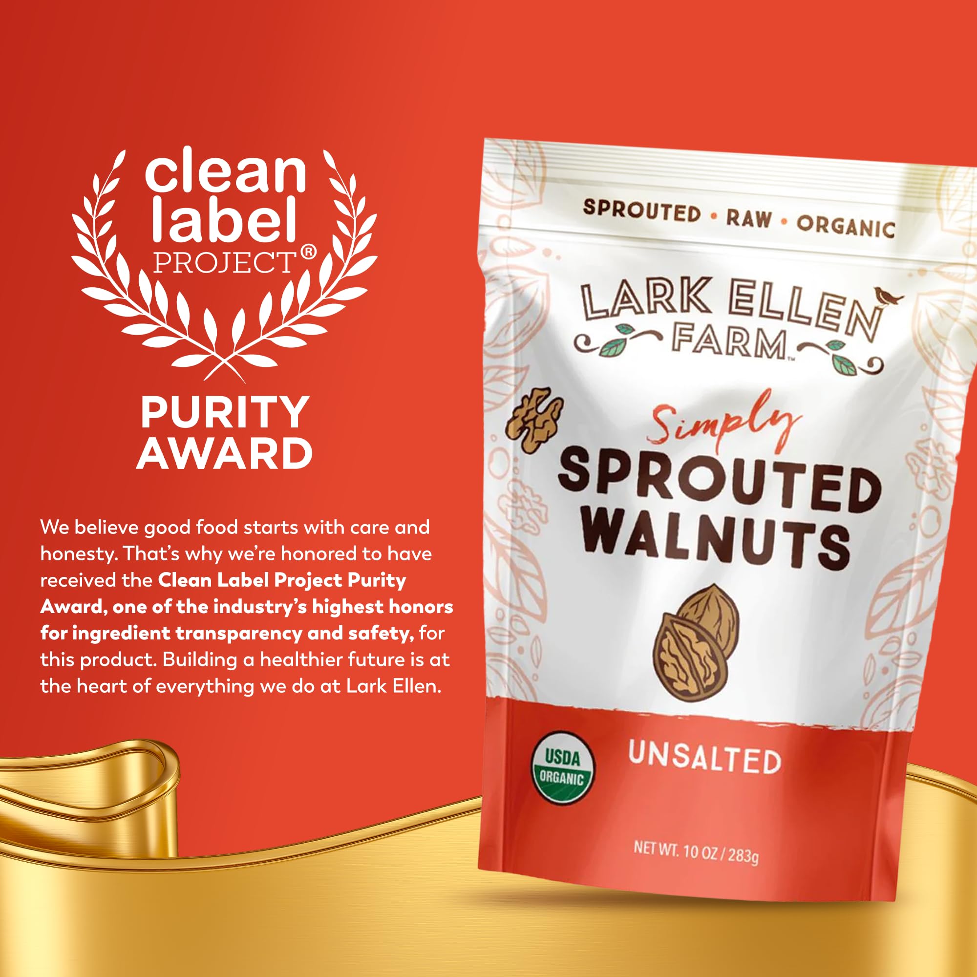 Lark Ellen Farm Organic Sprouted Walnuts - Raw, Unsalted, Keto-Friendly, Healthy Vegan Snack, Gluten-Free, 10 Oz, 3 Pack