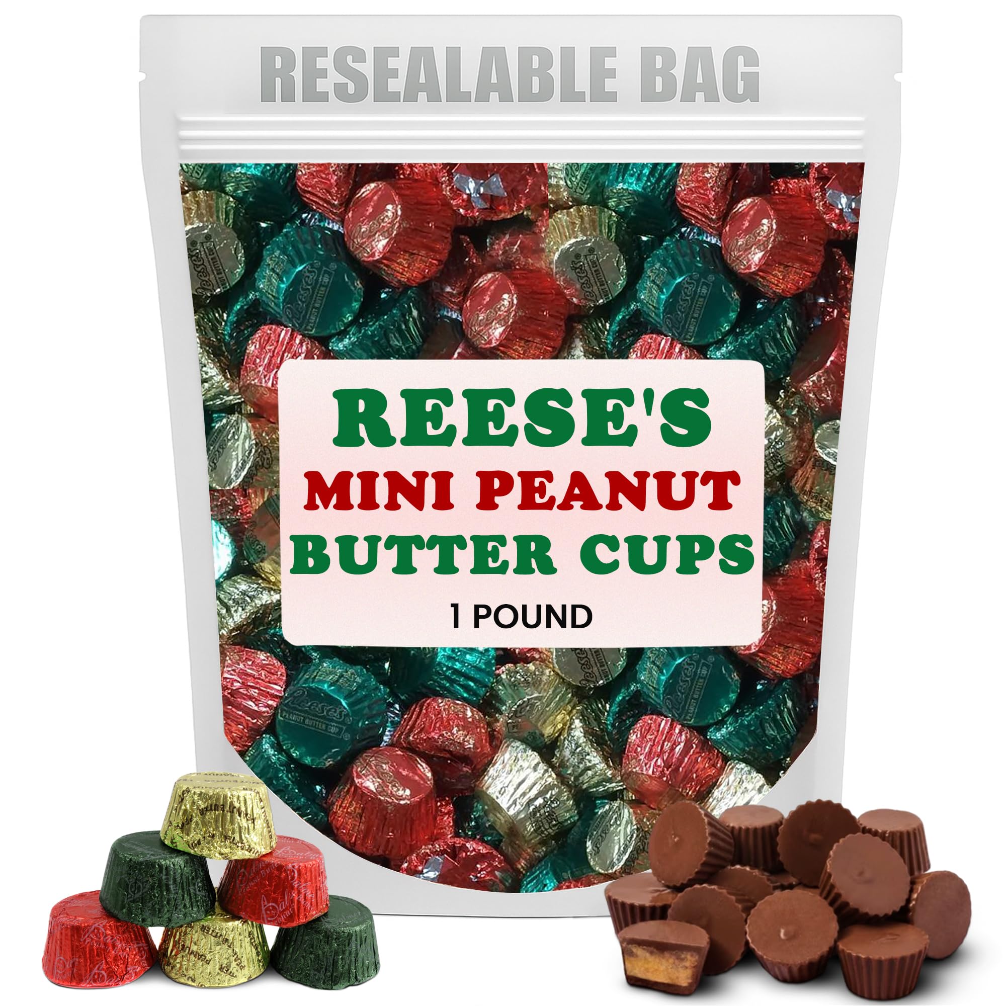 Mini Christmas Candy Holiday Peanut Butter Cups - Red, Green, Gold 1lb - Christmas Candy Bulk - Holiday Sweets for Kids & Adults 1 pound - 16 oz