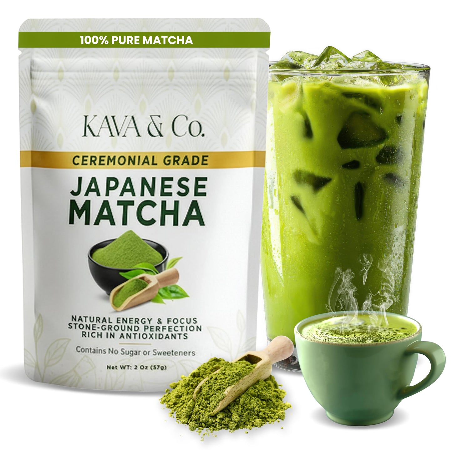Kava and Co Ceremonial Matcha - Premium Japanese Green Tea - Authentic Stone Ground Matcha Powder - Shade Grown Leaves for Natural Energy - Jitter