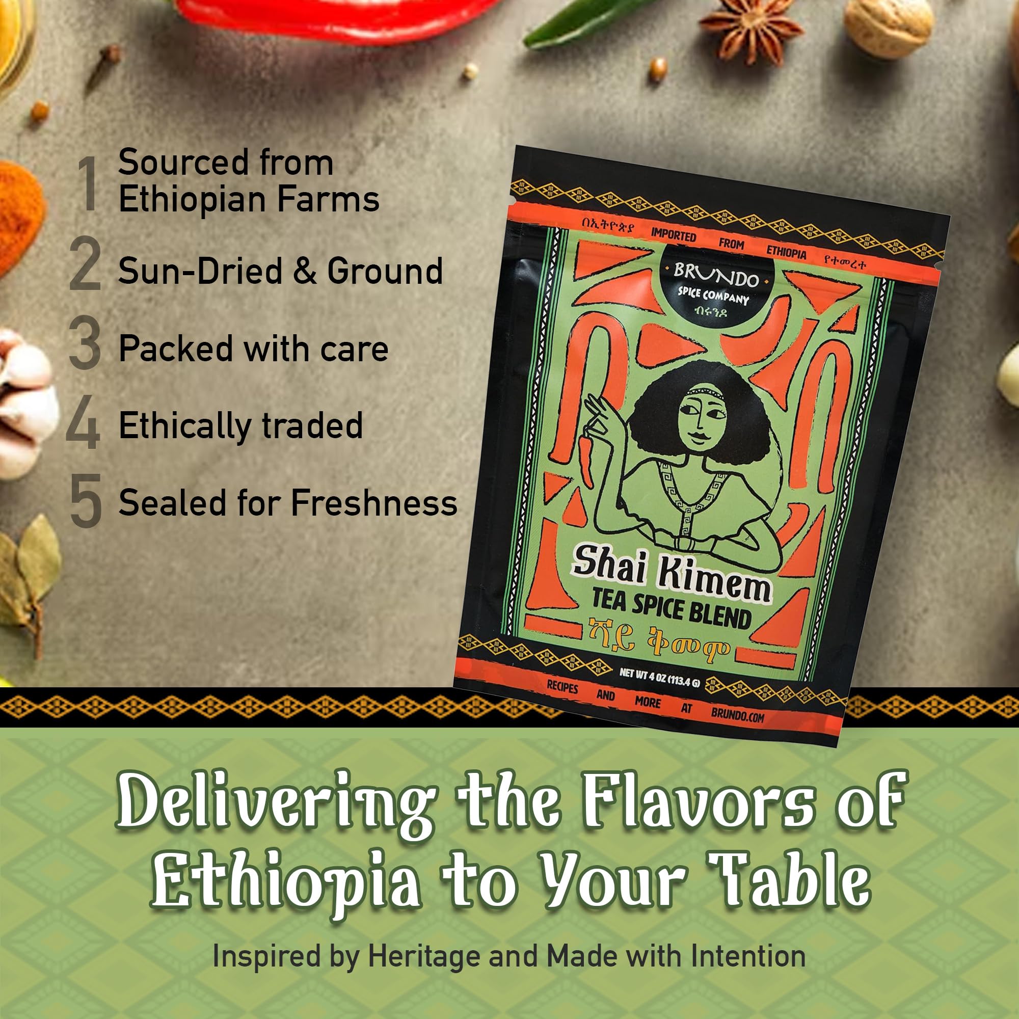Brundo Ethiopian Spice Company Shai Kimem | Traditional Ethiopia Tea Spice Blend | Crafted and Imported from Ethiopia | Mix of Cinanmon, Green